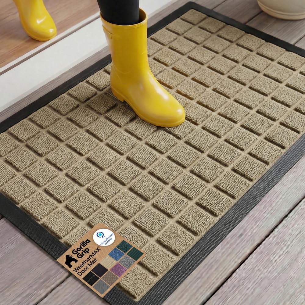GORILLA GRIP 100% Waterproof All-Season WeatherMAX Doormat US Designed Natural Rubber, Stain Fade Resistant, Low Profile Indoor Outdoor Front Door Mats Outside Entrance, Easy Clean 29x17 Gray Diamond