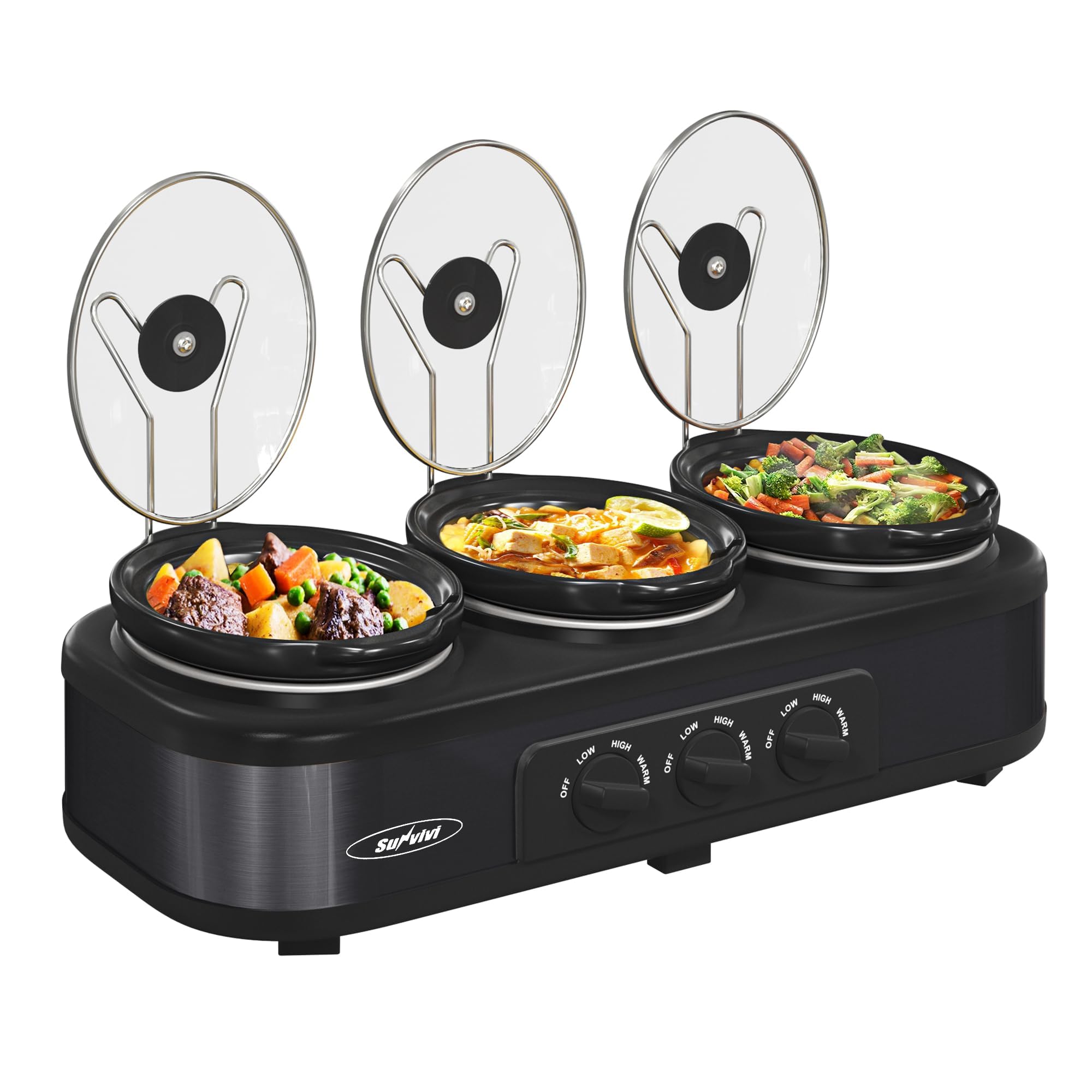 SUNVIVI Triple Slow Cooker, Buffet Food Warmer with 3 x 1.5 QT Removable Ceramic Pots, Buffet Servers and Warmers with Glass Lids and 3 Spoons, Stainless Steel, Blue