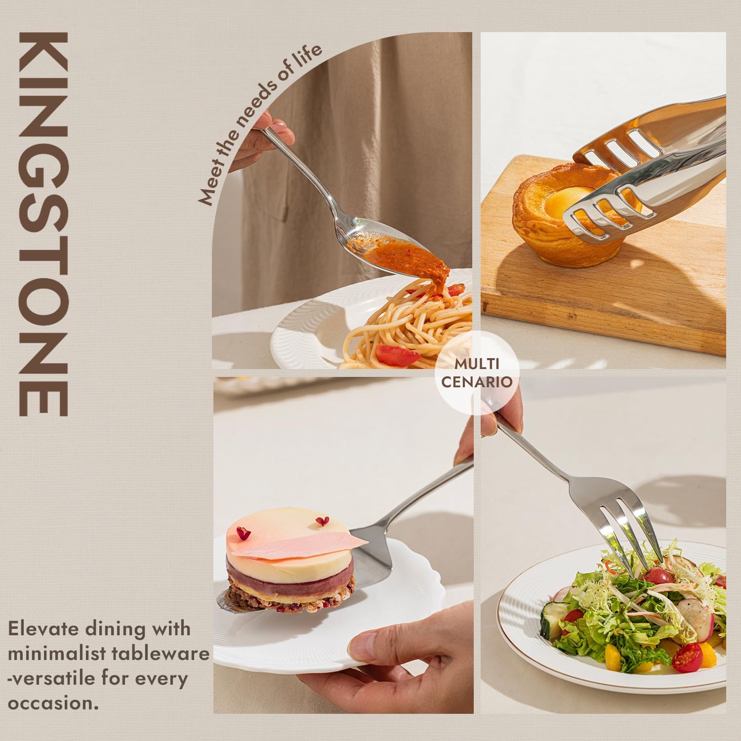 KINGSTONE 60 Piece Hammered Silverware Set and 8 Piece Serving Utensils Set