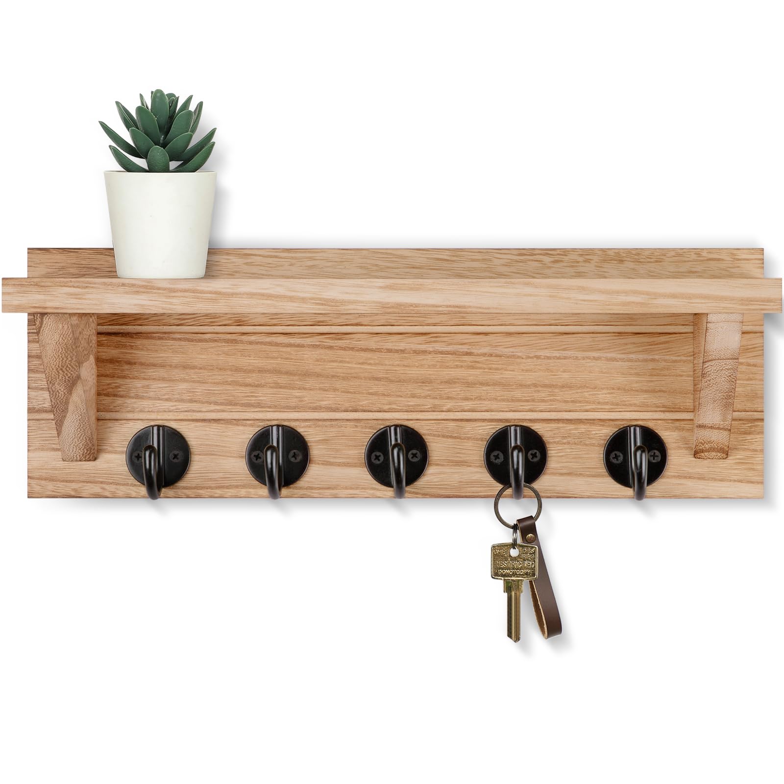 Wall Key Holder with Shelf, Rustic Shelf with Hooks Made of Paulownia Wood Holds Keys, Dog Leash, Bags and More - 13.7" W x 4.7" H x 3.5" D Decorative Key Hanger and Entryway Shelf (Gray)