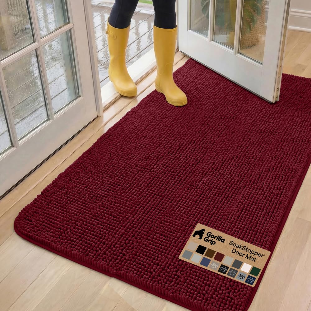 GORILLA GRIP SoakSTOPPER Dog Door Mat, Machine Washable Rug Absorbent Doormat Captures Moisture Mud Dirt, Quick Dry Soft Chenille Entryway Rugs Indoor Entrance Mats for Dog Paws, 24x17 Grey