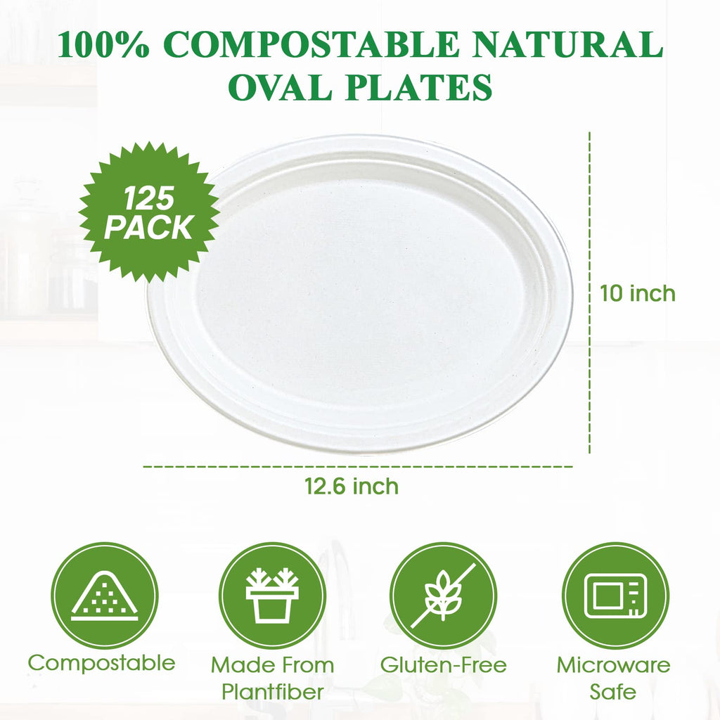 Vplus 100% Compostable Oval Paper Plates 12 inch 125 Pack Super Strong Disposable Paper Plates Bagasse Natural Biodegradable Eco-Friendly Sugarcane for BBQ, Party, Dinner, and Picnic