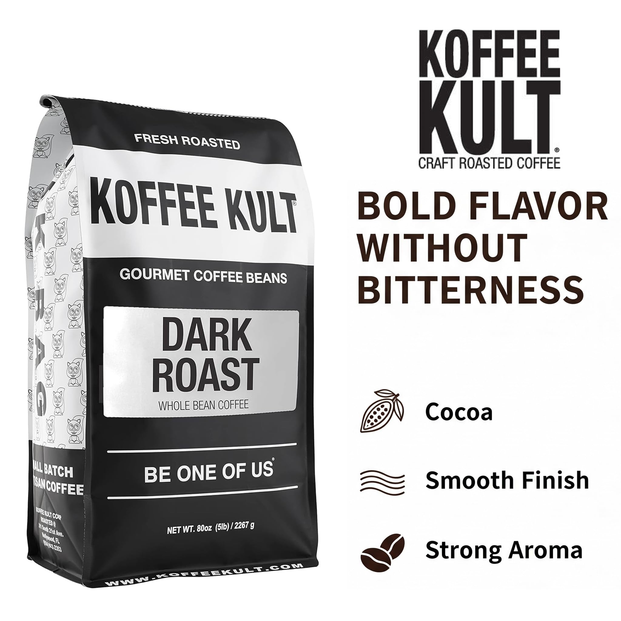 Koffee Kult Dark Roast Whole Bean Coffee - Small Batch 100% Arabica Gourmet Blend, Smooth and Well Balanced Artisan Roasted in 32oz Resealable Package