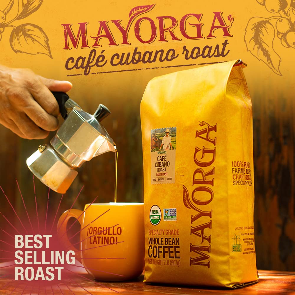 Mayorga Organic Coffee 2lb Cafe Cubano Roast - Dark Roast Whole Bean Specialty Grade Coffee, 100% Arabica, Slow Roasted, Bold and Smooth Flavor with Low Acidity - USDA Organic, Non-GMO, Kosher