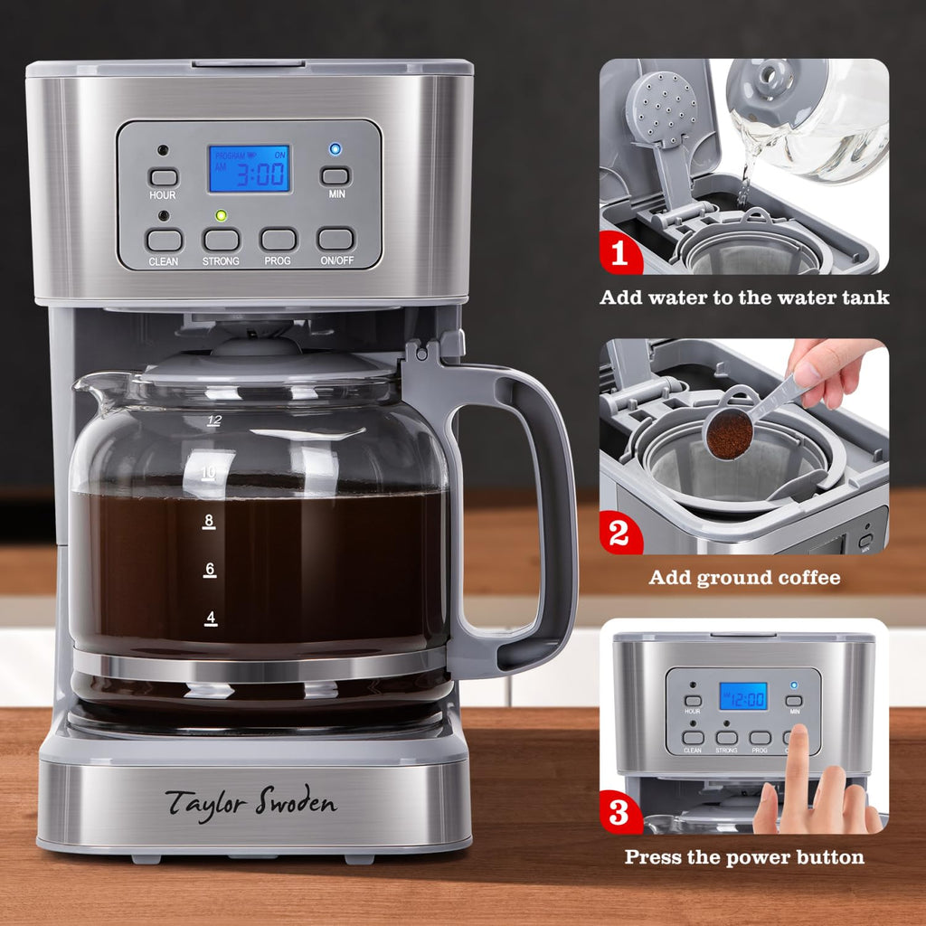 Taylor Swoden 12-Cup Programmable Coffee Maker, Regular & Strong Brew Drip Coffee Machine for Home and Office, Glass Carafe, Pause & Serve, Auto Shut Off, Black & Stainless Steel