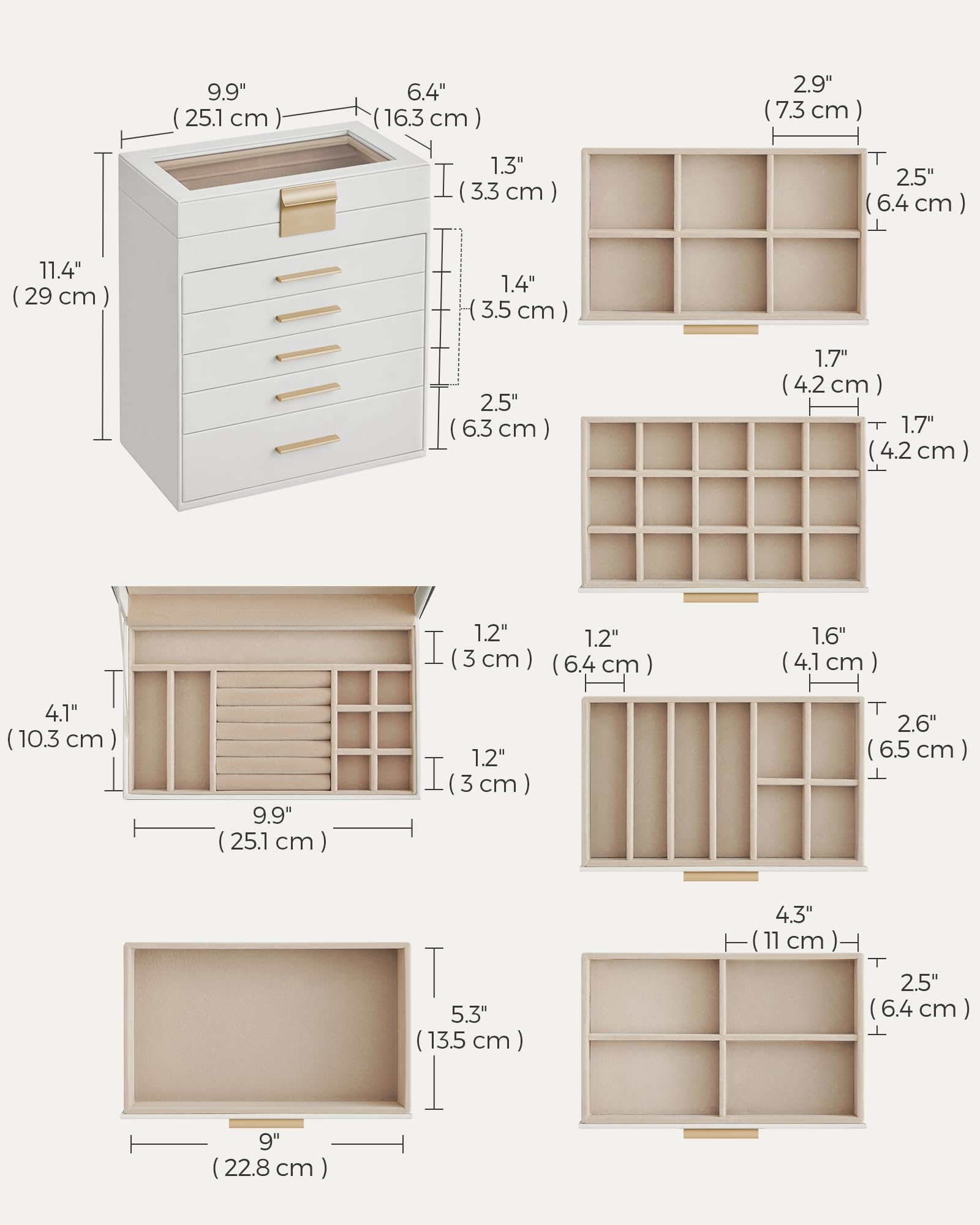 SONGMICS GISELLA Collection - Jewelry Box Organizer, 3-Layer Jewelry Storage with 2 Drawers, Shiny Metal Hardware, Glass Lid, Modern, 8 x 9.1 x 5.3 Inches, Cloud White and Gold Color UJBC239WT