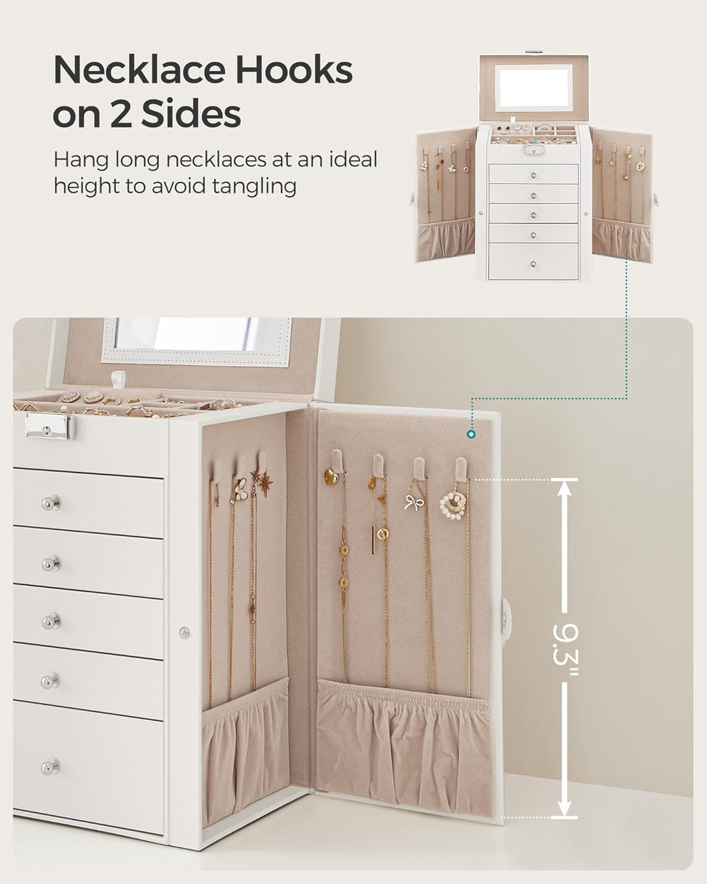 SONGMICS 6-Layer Jewelry Box Organizer with 5 Drawers, Jewelry Storage Case with Lock and Mirror, Large Storage Capacity, Gift for Loved Ones, for Necklaces, Watches, White UJBC152W01