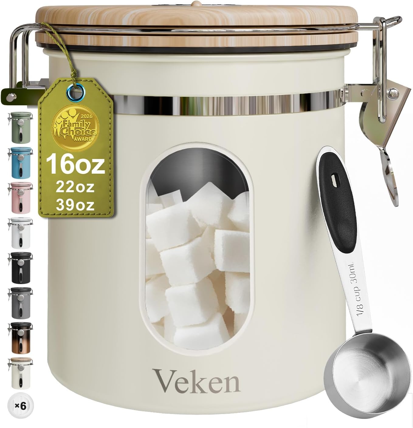 Veken Coffee Canister with Window,Airtight Stainless Steel Kitchen Food Storage Container, Date Tracker & Scoop for Grounds Coffee, Beans, Tea,Flour,Cereal,Sugar,22OZ,Copper