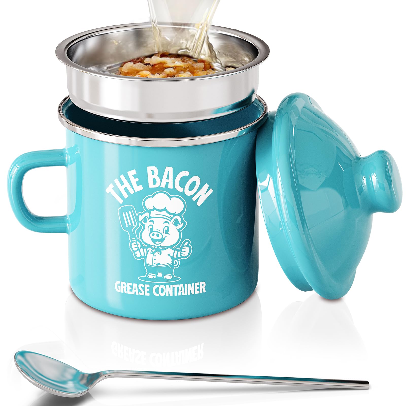 PGYARD Mini Bacon Grease Saver With Strainer - 15OZ Enamel Grease Container, Farmhouse Bacon Grease Keeper For Kitchen Fat Storage, Dishwasher Safe-Red