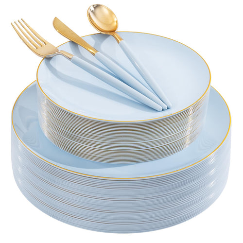 DaYammi 150Pcs Gold Plastic Plates with Disposable Silverware,White Gold Disposable Dinnerware Set - 30 Dinner Plate,30 Dessert Plate,90 Gold Cutlery with White Handles,Fancy Plates for Party Wedding