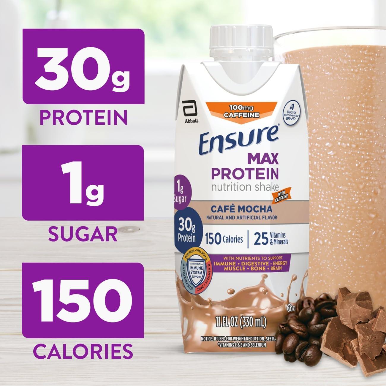 Ensure Max Protein Shake | French Vanilla | Ready to Drink | 30g Protein for Muscle Health | 1g Sugar, 4g Fiber | 11 fl oz, 12 Pack