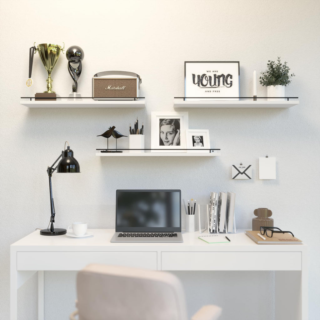 WOPITUES Floating Shelves with Black Metal Guardrail, Shelves for Wall Decor Set of 3, Wall Shelves for Bedroom, Bathroom, Kitchen, Living Room, Plants, Picture Frames, Art- Black