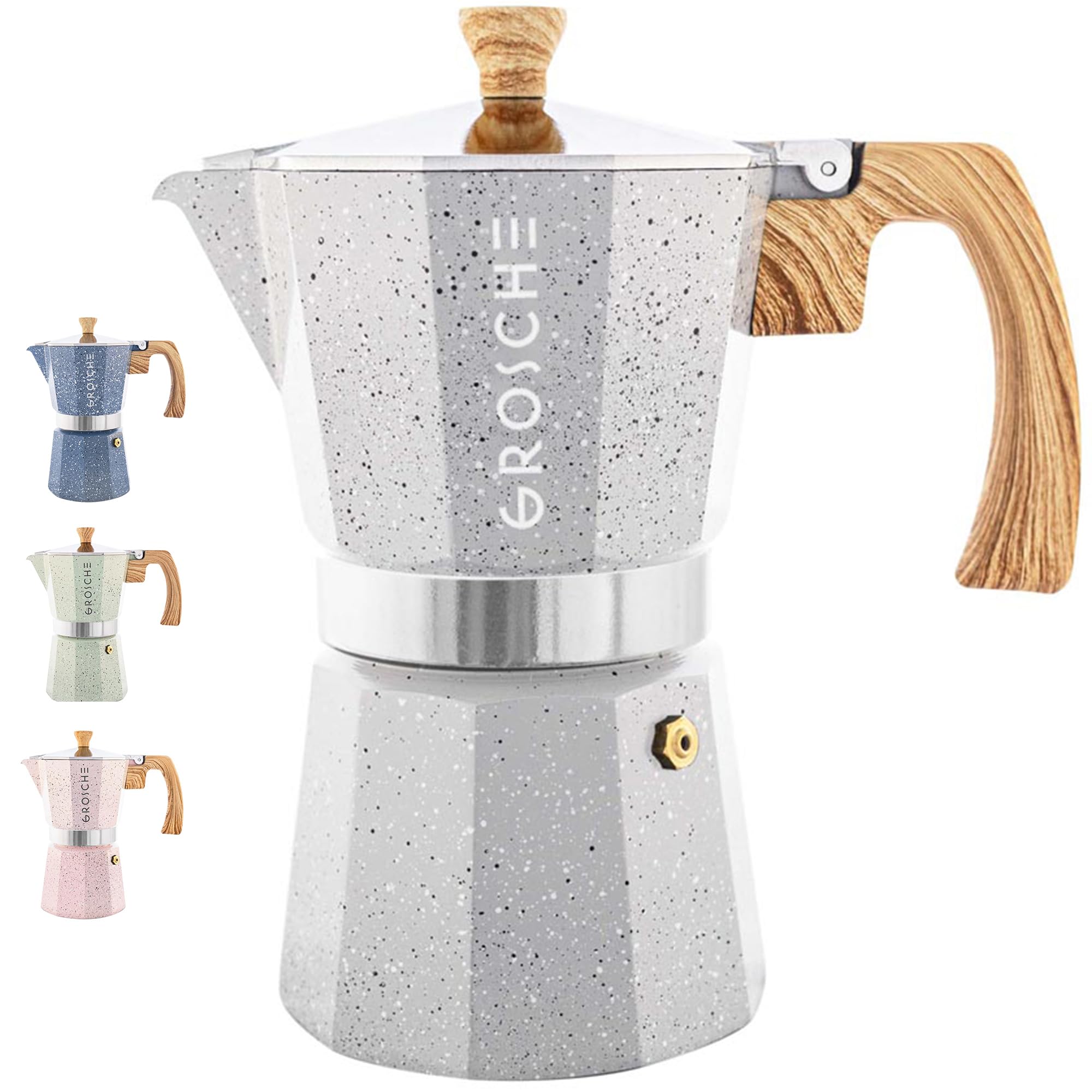 GROSCHE Milano Moka pot, Stovetop Espresso maker, Greca Coffee Maker, Stovetop coffee maker and espresso maker percolator (Grey, 6 cup)