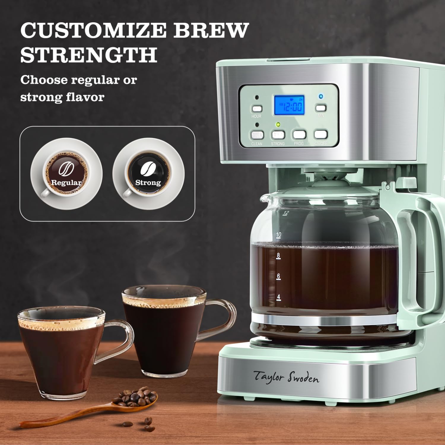 Taylor Swoden 12-Cup Programmable Coffee Maker, Regular & Strong Brew Drip Coffee Machine for Home and Office, Glass Carafe, Pause & Serve, Auto Shut Off, Black & Stainless Steel