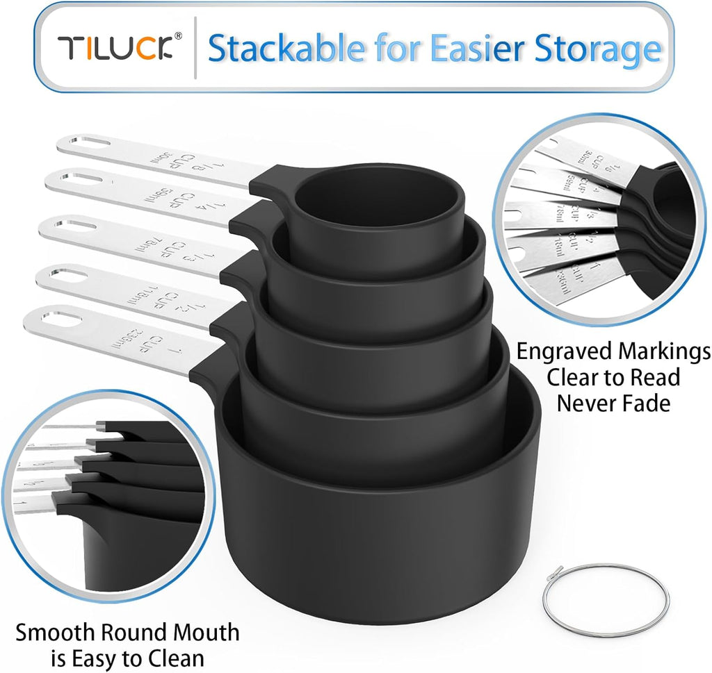 TILUCK Measuring Cups & Spoons Set, Stackable Cups and Spoons, Nesting Measure Cups with Stainless Steel Handle, Kitchen Gadgets for Cooking & Baking (Black)