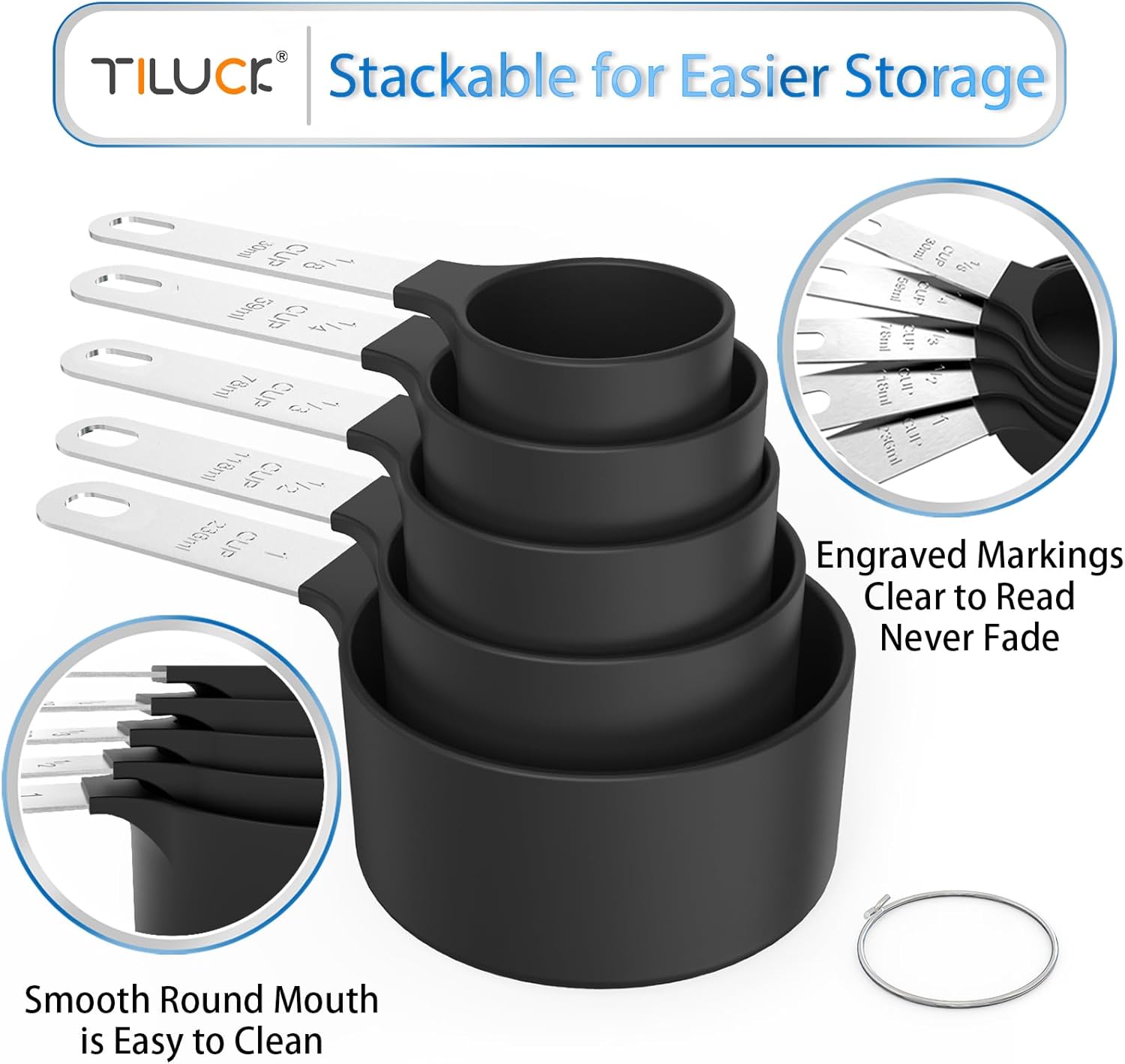 TILUCK Measuring Cups & Spoons Set, Stackable Cups and Spoons, Nesting Measure Cups with Stainless Steel Handle, Kitchen Gadgets for Cooking & Baking (Black)
