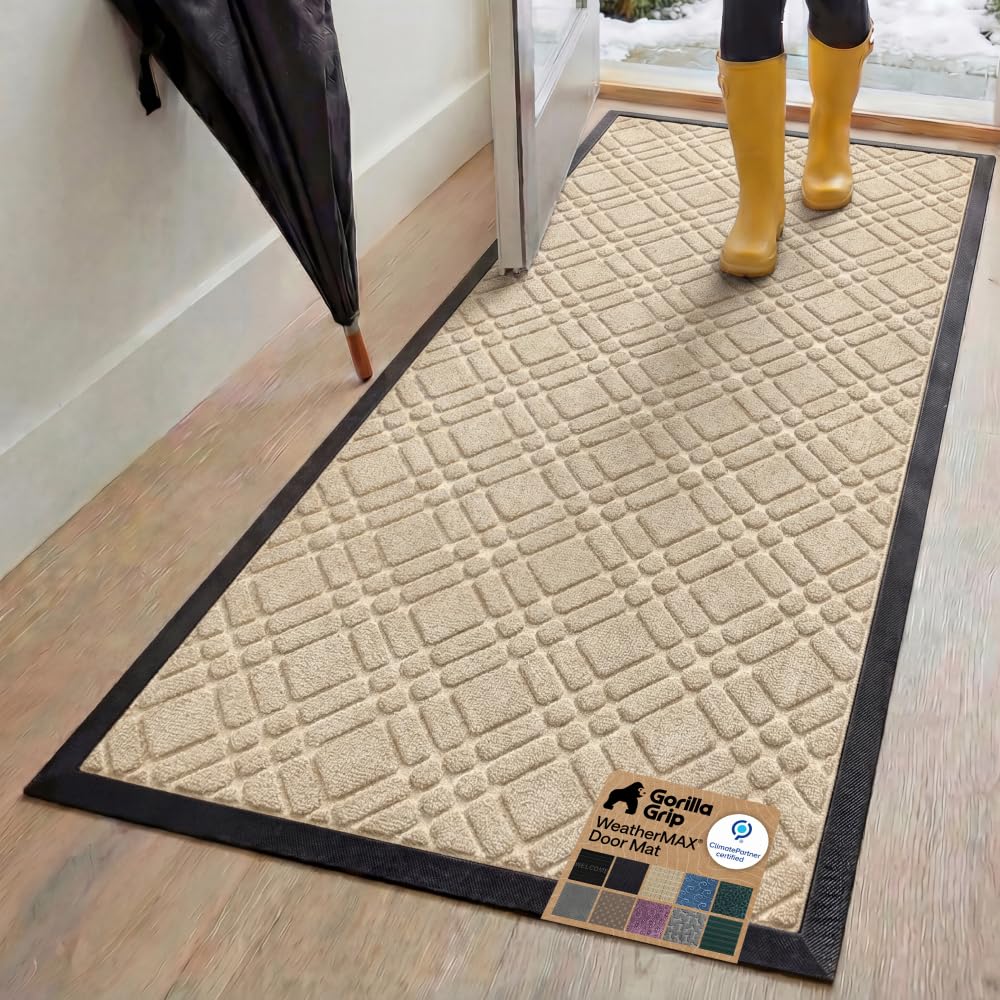 GORILLA GRIP 100% Waterproof All-Season WeatherMAX Doormat US Designed Natural Rubber, Stain Fade Resistant, Low Profile Indoor Outdoor Front Door Mats Outside Entrance, Easy Clean 29x17 Gray Diamond