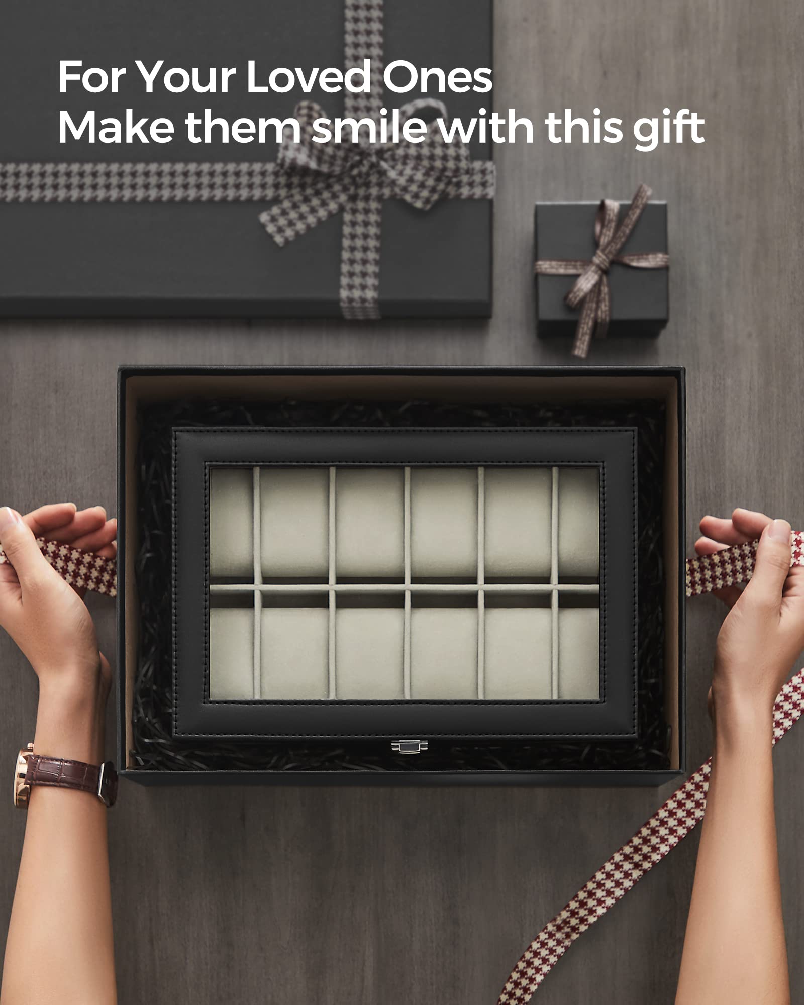 SONGMICS Watch Box, 12-Slot Watch Case Organizer with Large Glass Lid, Removable Pillows, Gift for Loved Ones, Black Synthetic Leather, Gray Lining UJWB12BK