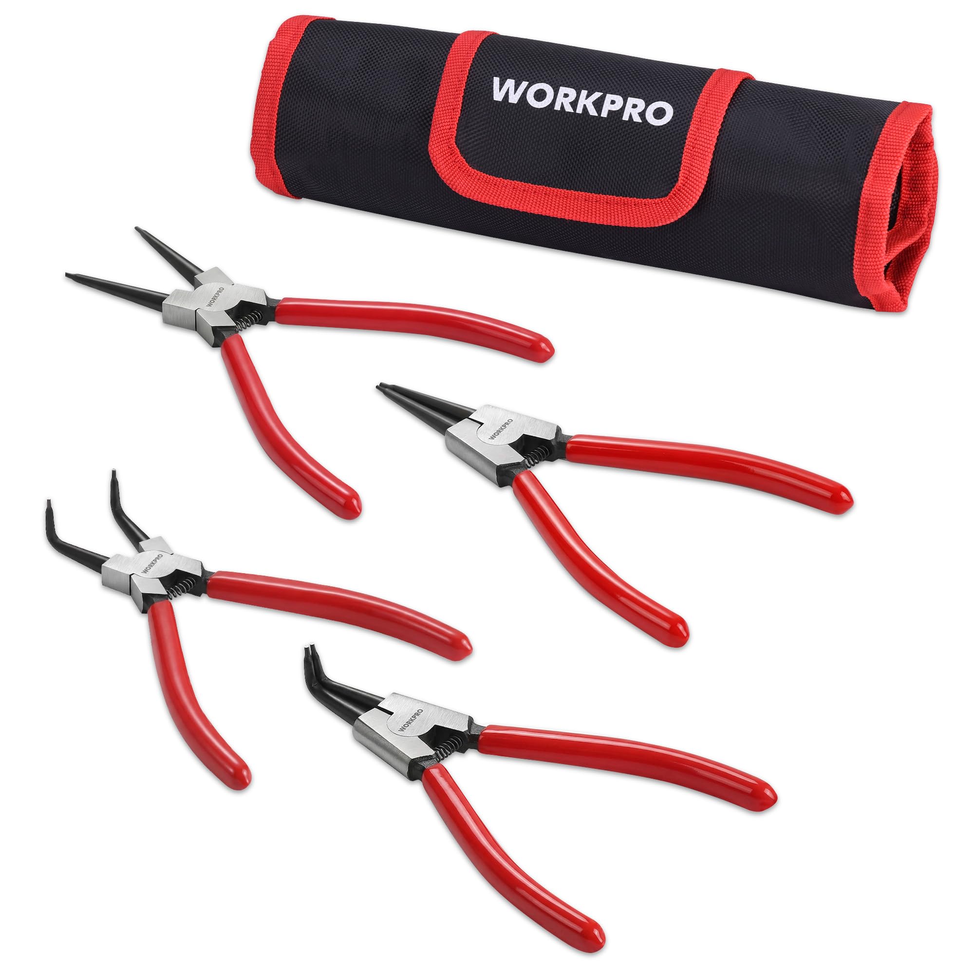 WORKPRO 4-Piece Snap Ring Pliers Set - Heavy Duty 7-inch Internal/External Circlip Pliers Kit (Tip Diameter 5/64'')-Straight/Bent Jaw - Cr-V Steel - For Ring Remover Retaining- Storage Pouch Included