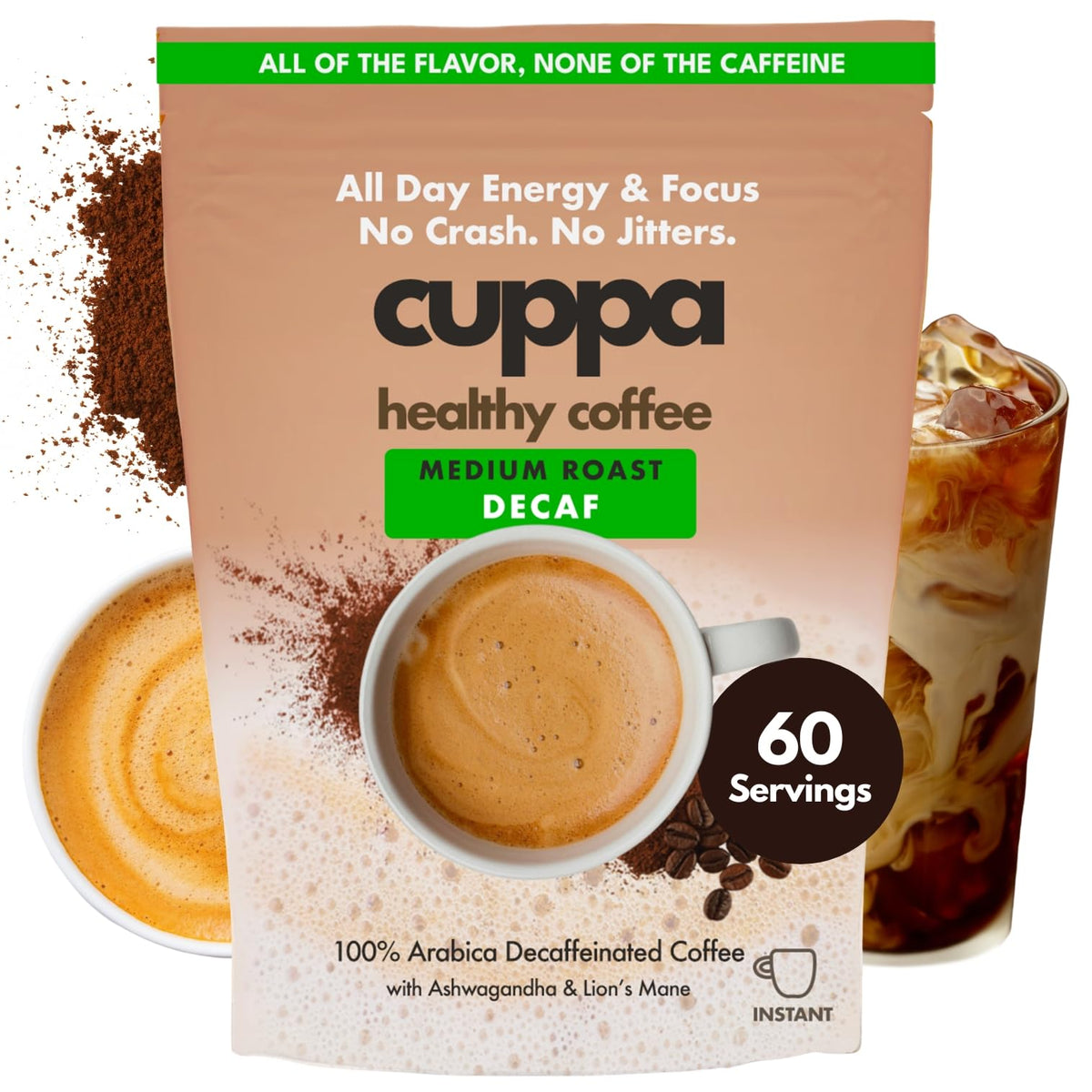 Cuppa Medium Roast Mushroom Coffee with Adaptogens & Superfoods - Lion’s Mane, Ashwagandha & Cordyceps. Adaptogens + MCT to support natural energy, mental focus & gut health (30 Servings)
