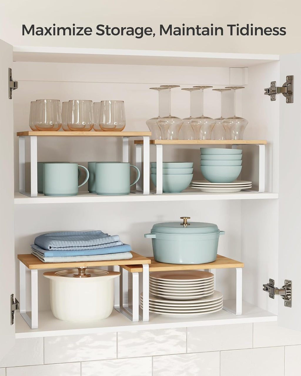 SONGMICS Cabinet Organizer Shelf, Set of 4 Kitchen Counter Shelves, Kitchen Storage, Spice Rack, Stackable, Expandable, Metal and Engineered Wood, Cloud White and Natural Beige UKCS010N01