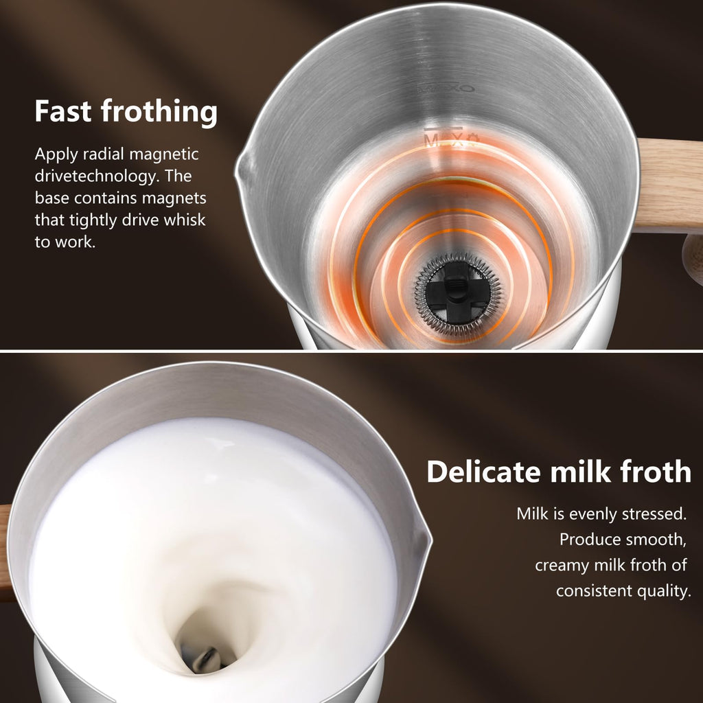 AMZCHEF 8-IN-1 Milk Frother and Steamer 21 oz, 550 Watts Split Stainless Steel Automatic Steamer, Milk's Warmer for Latte, Cappuccino, Hot Chocolate, Hot&Cold Froth, Heated Milk, Baby Food Wood&Black