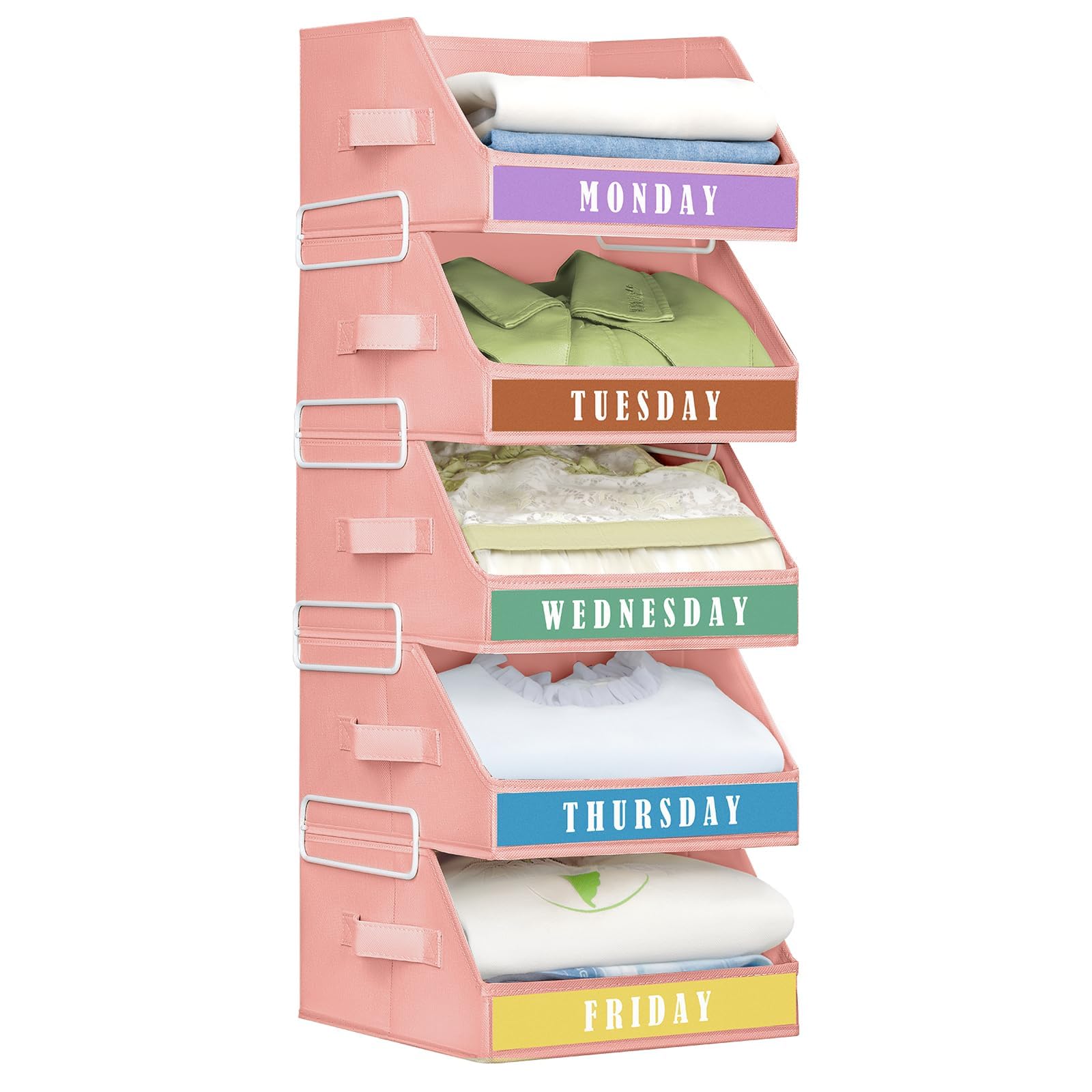 Homsorout Closet Organizers and Storage - 5 Tier Shelf Organizer with Weekly Labels, Stackable Storage Bins with Metal Frame, Foldable Cube Bins, Home Baskets for Kids and Adults, Beige