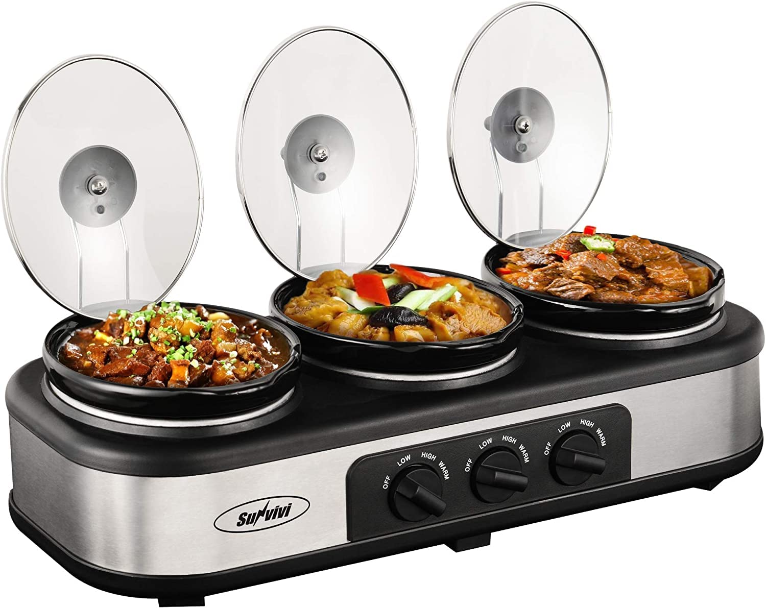 SUNVIVI Triple Slow Cooker, Buffet Food Warmer with 3 x 1.5 QT Removable Ceramic Pots, Buffet Servers and Warmers with Glass Lids and 3 Spoons, Stainless Steel, Blue