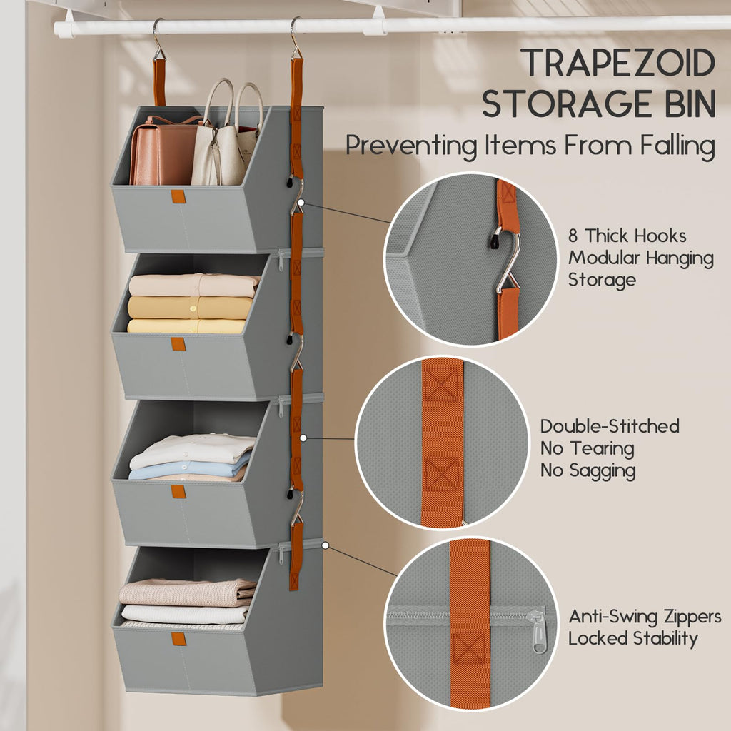 Homsorout Hanging Closet Organizer 4 Tier - Clothes Hanging Shelves, Space-Saving Closet System, Fabric Storage Bins Bedroom Organization, Collapsible Baskets for Home, Dorm, Rv, Beige