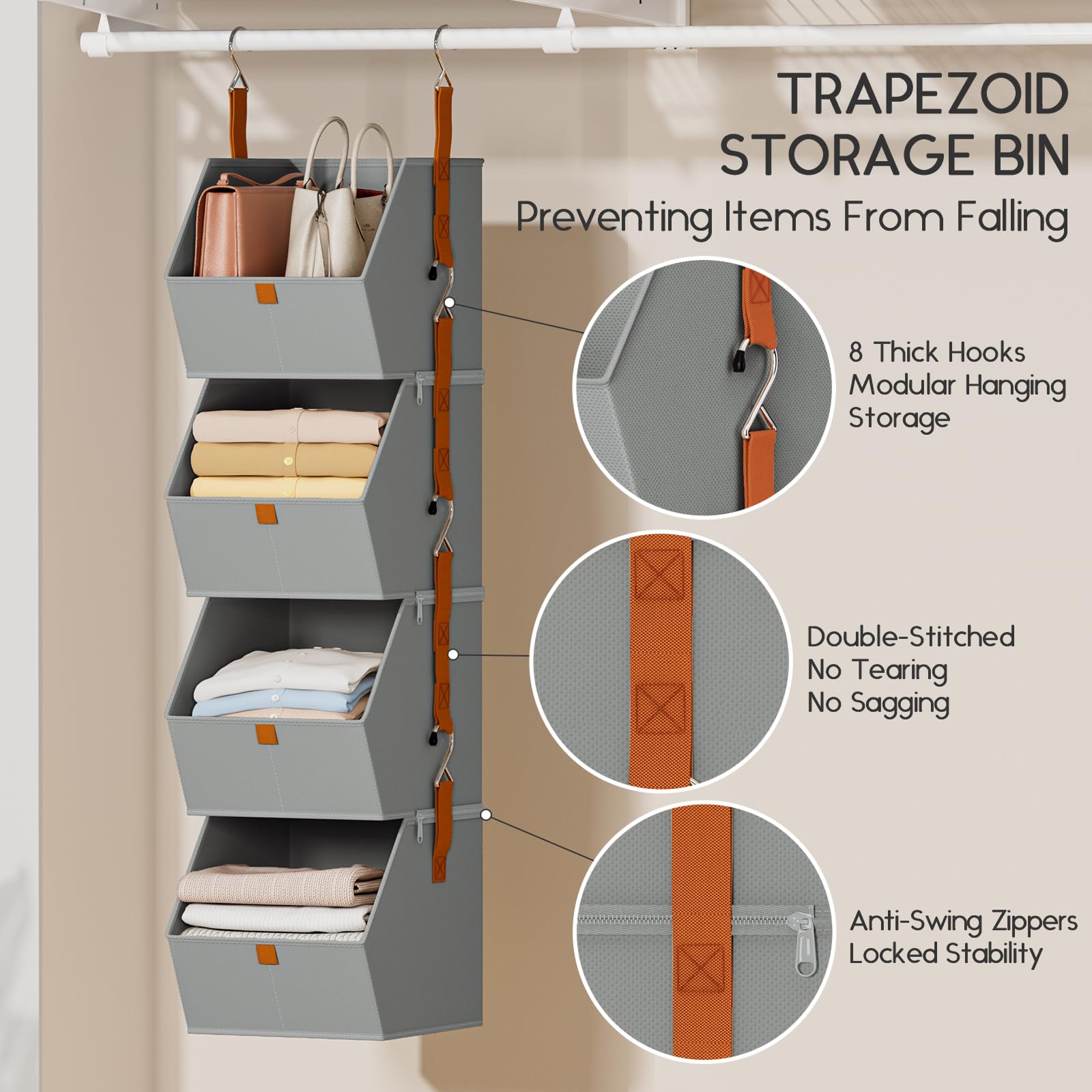 Homsorout Hanging Closet Organizer 4 Tier - Clothes Hanging Shelves, Space-Saving Closet System, Fabric Storage Bins Bedroom Organization, Collapsible Baskets for Home, Dorm, Rv, Beige