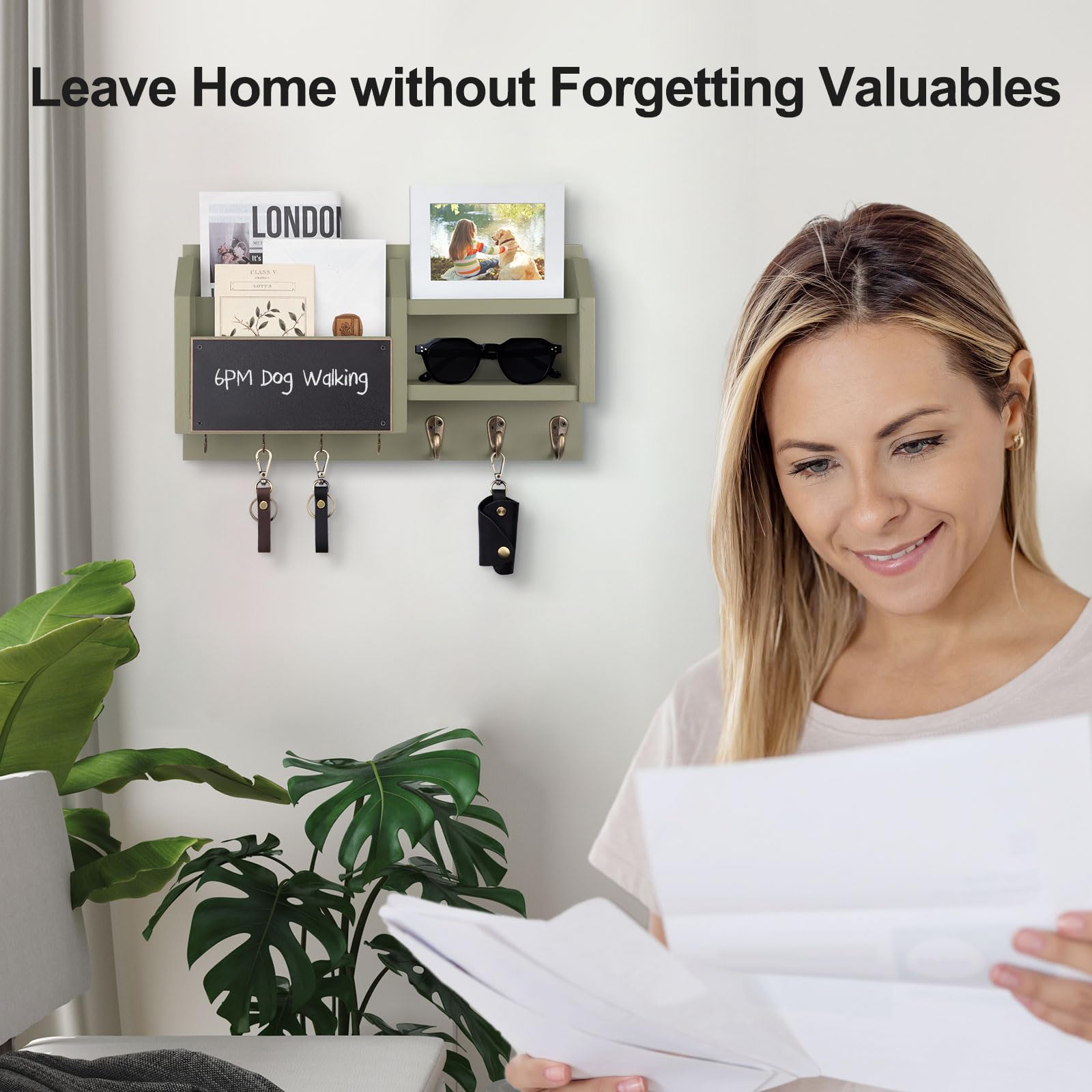 Mail and Key Holder – Wall Mount Key Hanger with Shelf and 7 Metal Hooks – Decorative Natural Paulownia Wood Entryway Organizer with Mounting Hardware (16.5”W x 8.7”H x 3.5”D) (Brown)