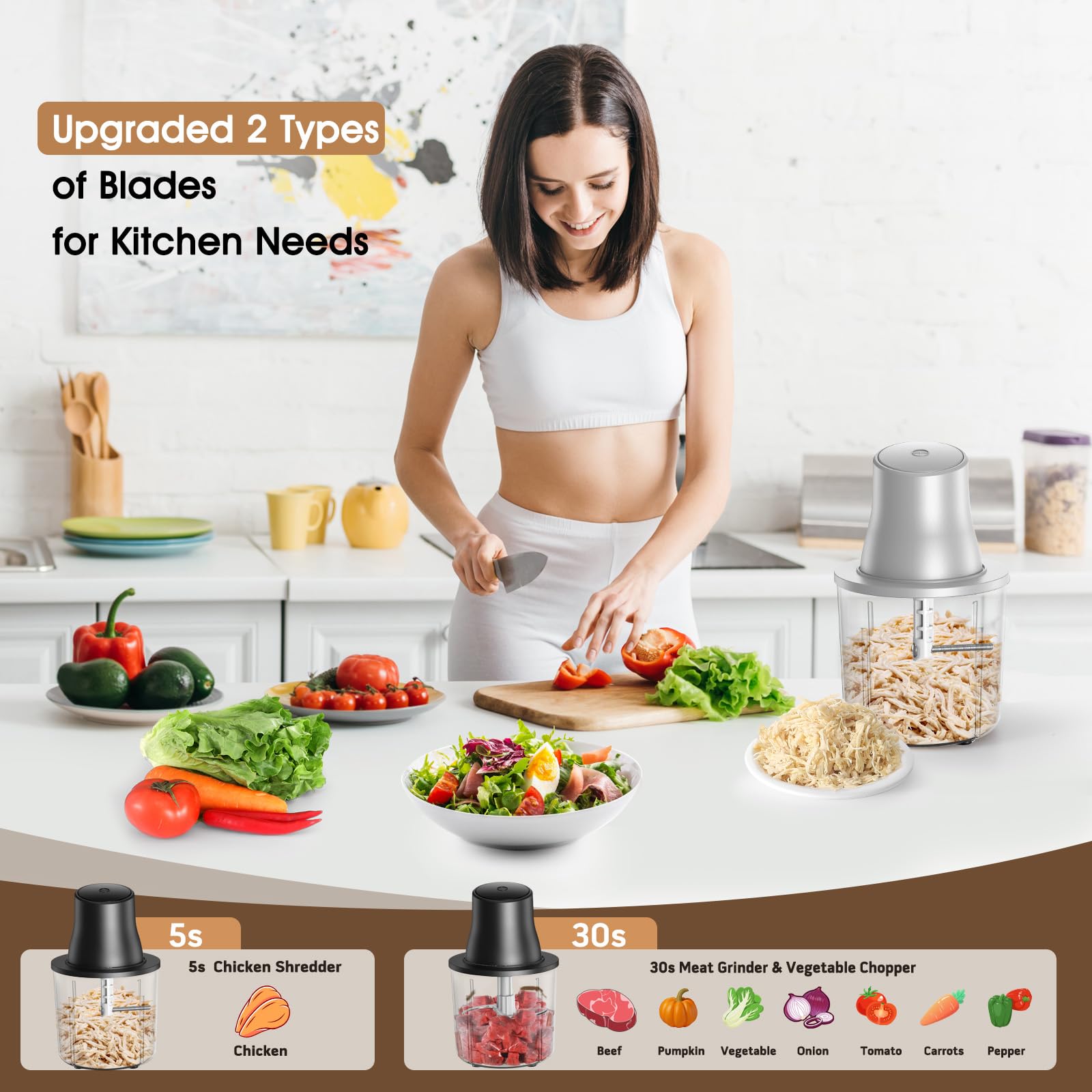 Food Processors, 2 IN 1 Electric Chicken Shredder &Food Chopper with 250W Copper Motor,1.5L Bowls & 2 Bi-Level Blades,One-Touch Electric Chicken Breast Shredder Tool-Smart Overheat Protection