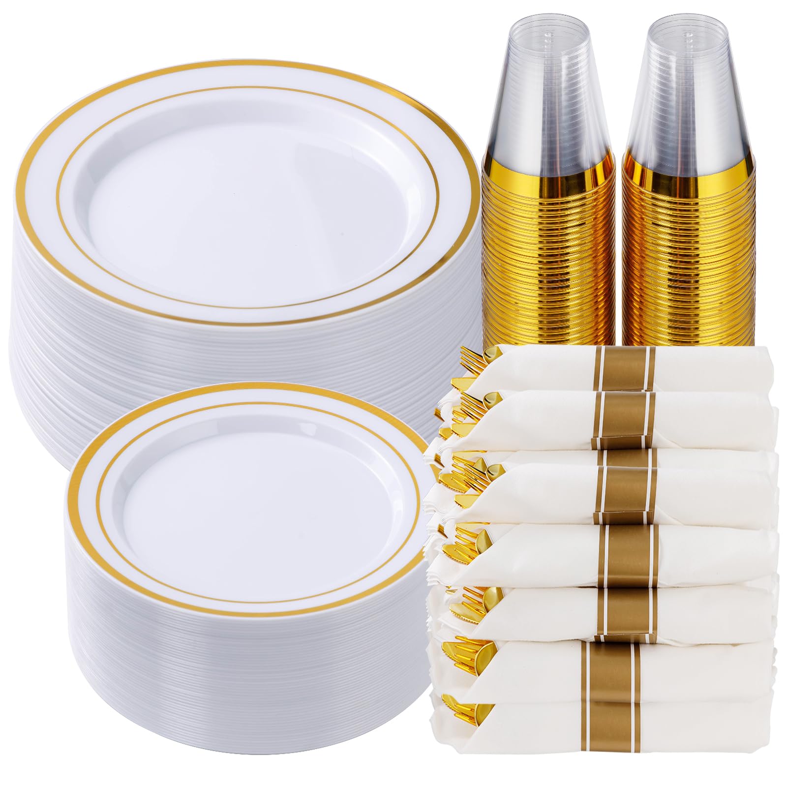 Goodluck 350 Piece Silver Plastic Dinnerware Set for 50 Guests, Fancy Disposable Plates for Party, Include: 50 Dinner Plates, 50 Dessert Plates, 50 Pre Rolled Napkins with Silver Silverware, 50 Cups