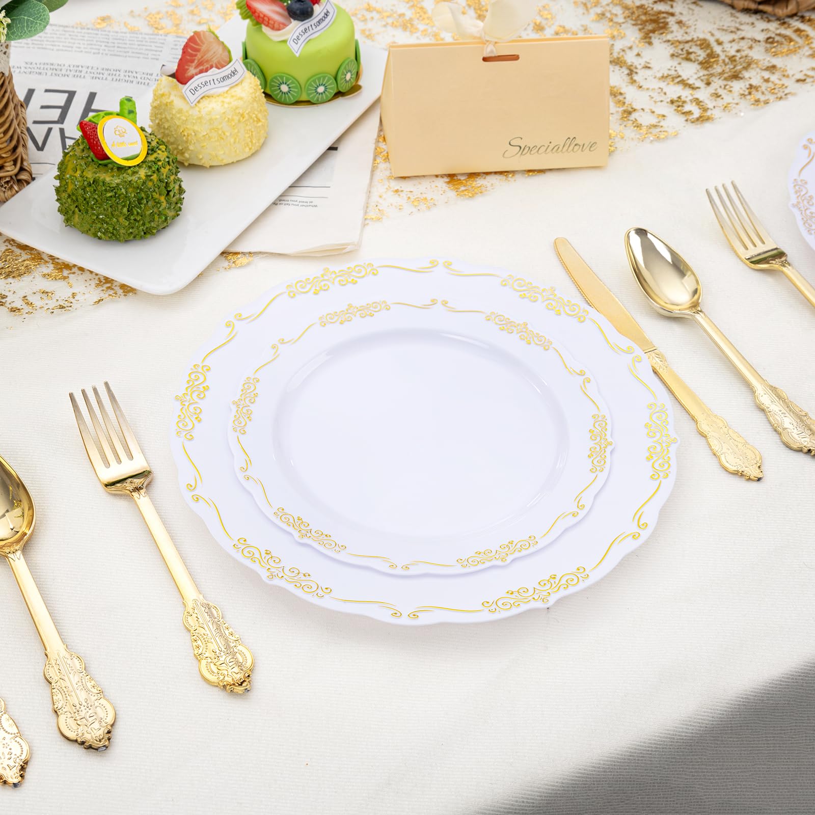 DaYammi 150Pcs Ivory Plastic Plates with Gold Rim,Disposable Plastic Plates Include 30 Dinner Plate,30 Salad Plate,30 Forks,30 Spoons,30 Knives,Ivory and Gold Plates for Party,Wedding,Mother's Day
