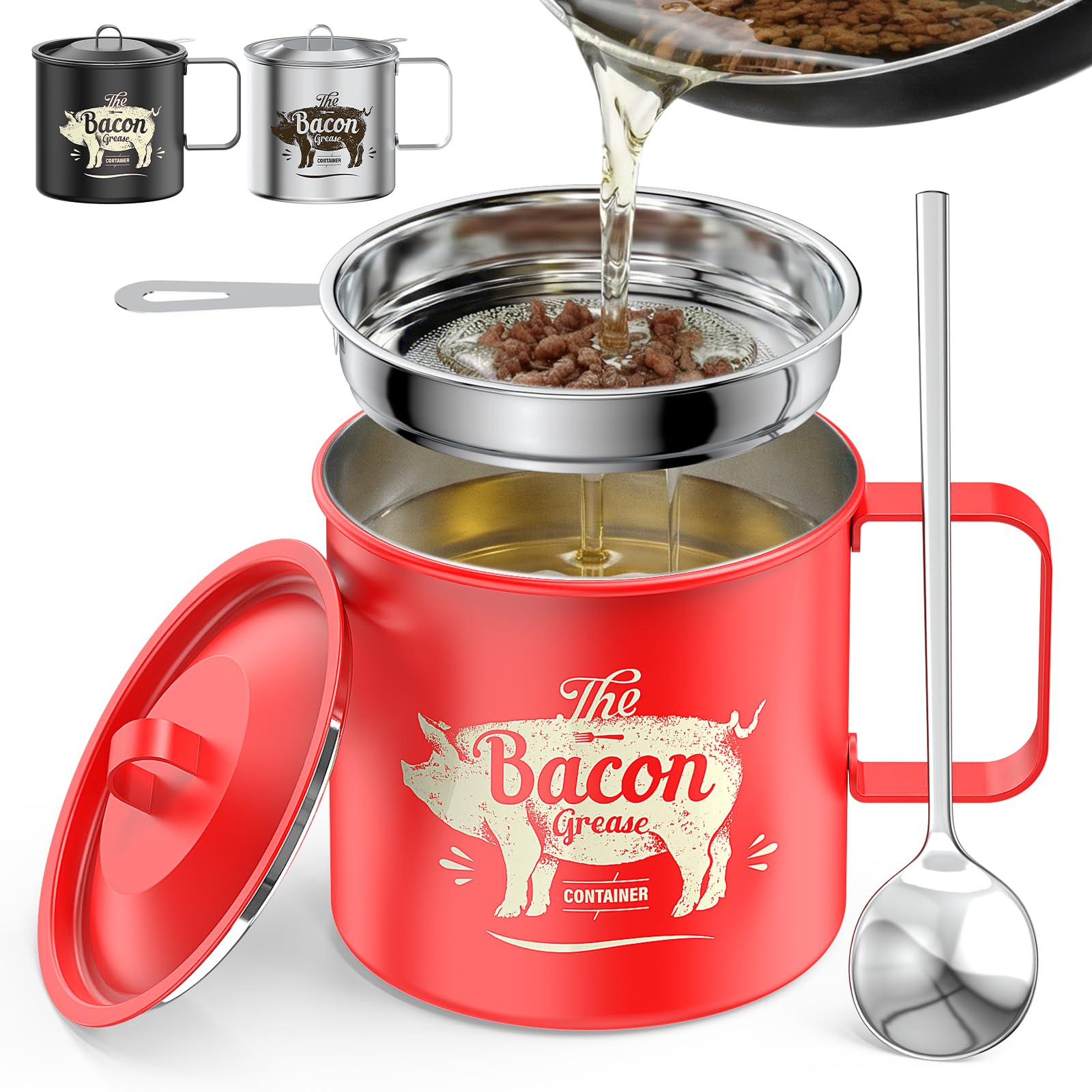 PGYARD Mini Bacon Grease Saver With Strainer - 20 OZ Stainless Steel Oil Container, Farmhouse Bacon Grease Keeper For Kitchen Fat Storage, Dishwasher Safe-Silver