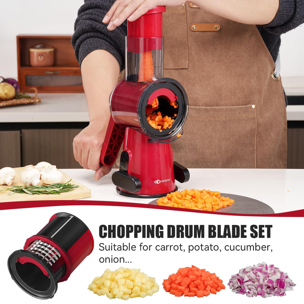 KEOUKE Hand Crank Vegetable Chopper & Slicer Red - 2 in 1 Manual Vegetable Cutter with Cleaning Tools, Non-Slip Suction Base, Safety Pusher, Labor-Saving, for Potato, Carrot, Onion, etc