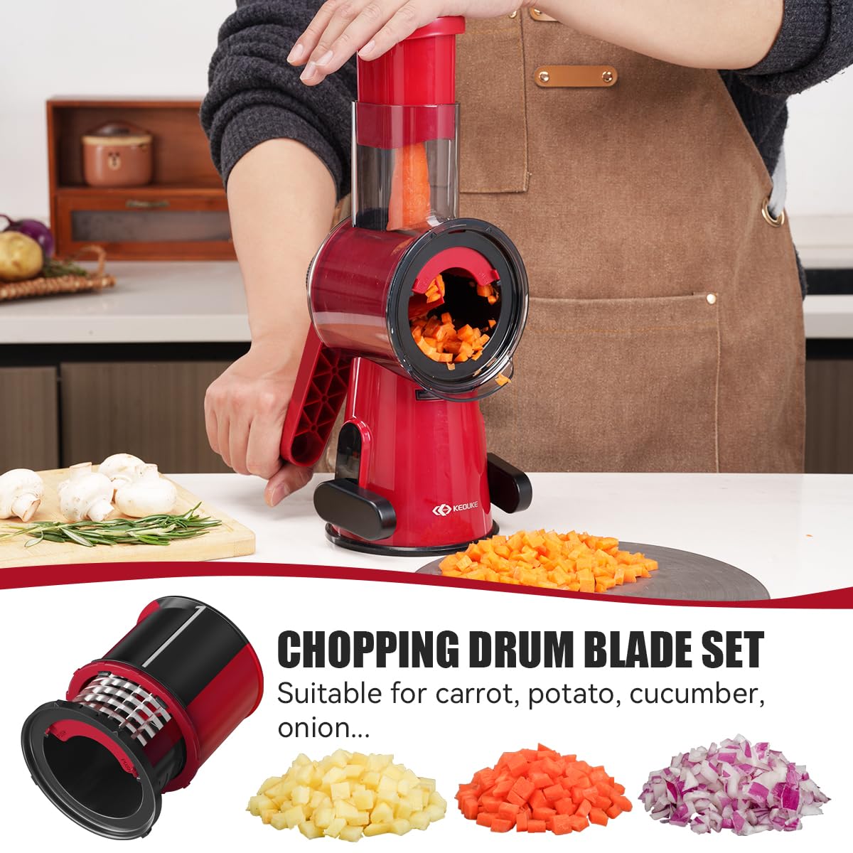 KEOUKE Hand Crank Vegetable Chopper & Slicer Red - 2 in 1 Manual Vegetable Cutter with Cleaning Tools, Non-Slip Suction Base, Safety Pusher, Labor-Saving, for Potato, Carrot, Onion, etc