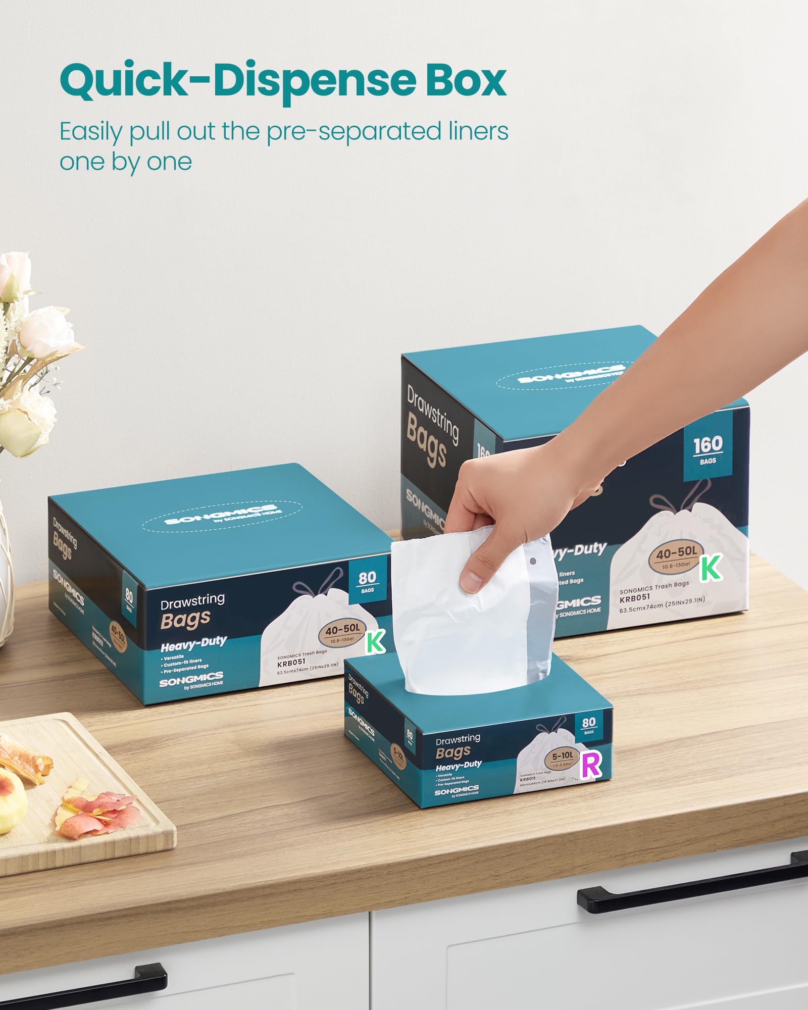 SONGMICS Trash Bags for 8-Gallon (30 L) Trash Cans, Drawstring Kitchen Garbage Bags, Pre-Separated, Liner Code 30A, 2 Rolls, 90 Count, White UKRB30A02