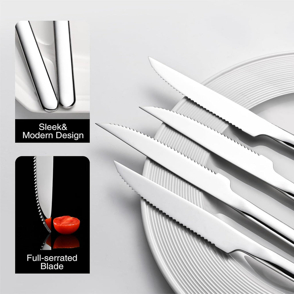 KINGSTONE Sharp Steak Knives, German Stainless Steel Steak Knife Set of 4 with Full-Serrated Blade, 9.4-Inch Sleek Design Table Knives, Mirror Polished