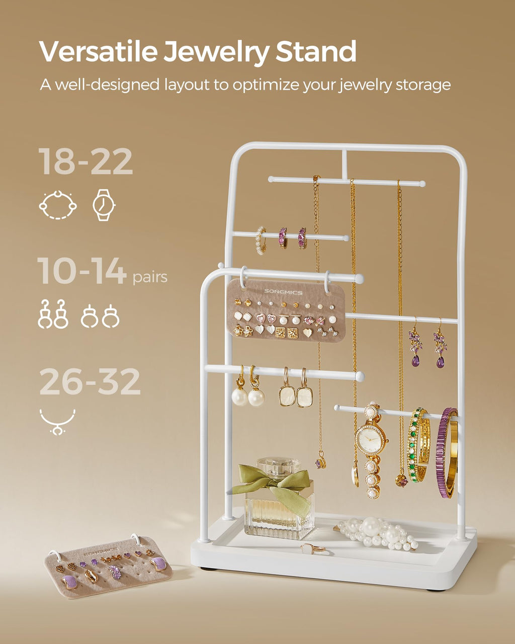 SONGMICS Jewelry Stand, Jewelry Organizer, Jewelry Display Holder with Metal Frame, 2 Earring Boards, 6 Hanging Rods, Necklace Earring Bracelet Holder, for Rings, Cloud White UJJS024W01