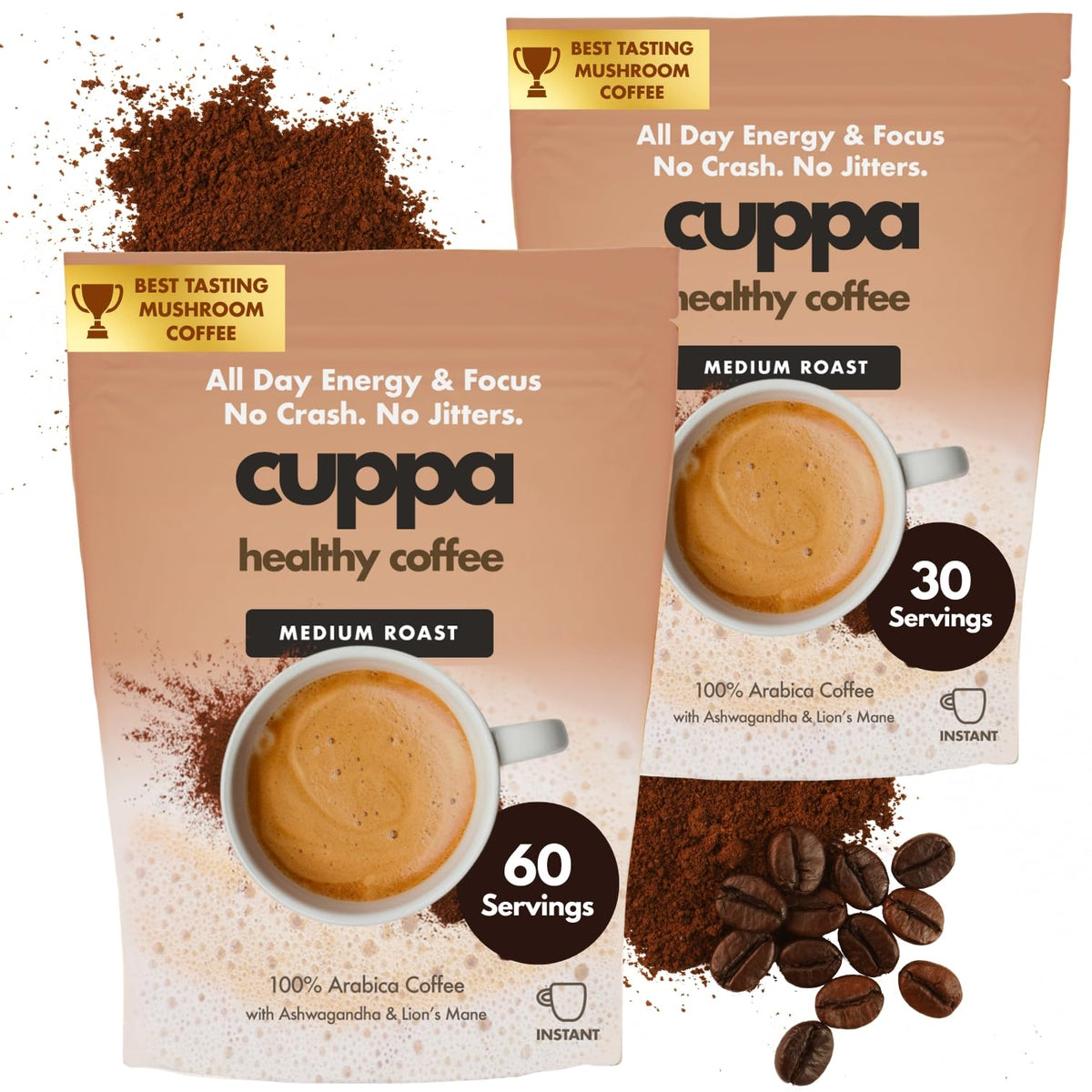 Cuppa Medium Roast Mushroom Coffee with Adaptogens & Superfoods - Lion’s Mane, Ashwagandha & Cordyceps. Adaptogens + MCT to support natural energy, mental focus & gut health (30 Servings)