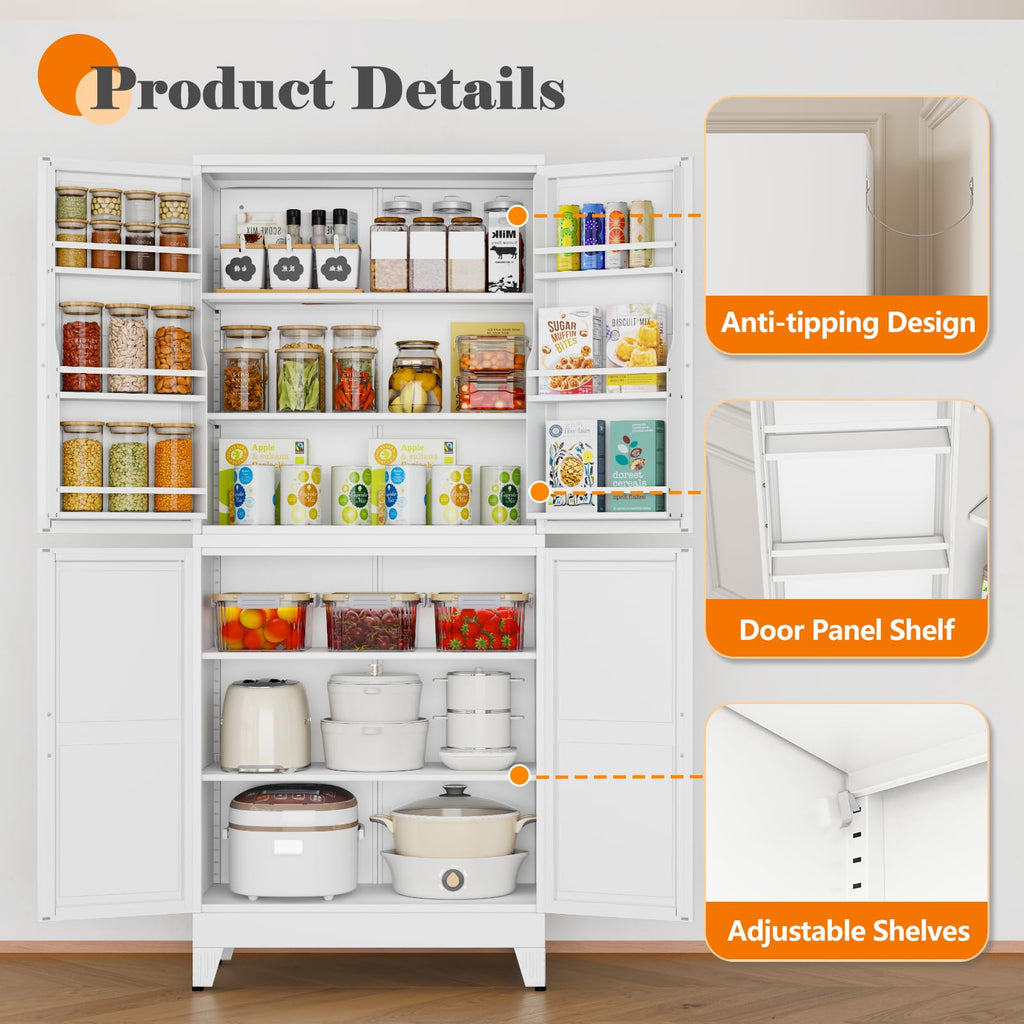 GAIOUS Metal Pantry Cabinet, Kitchen Pantry Storage Cabinets with 2 Door and 3 Adjustable Shelves, White Kitchen Pantry Cabinet, Freestanding Cupboard for Dining Room Living Room Bathroom