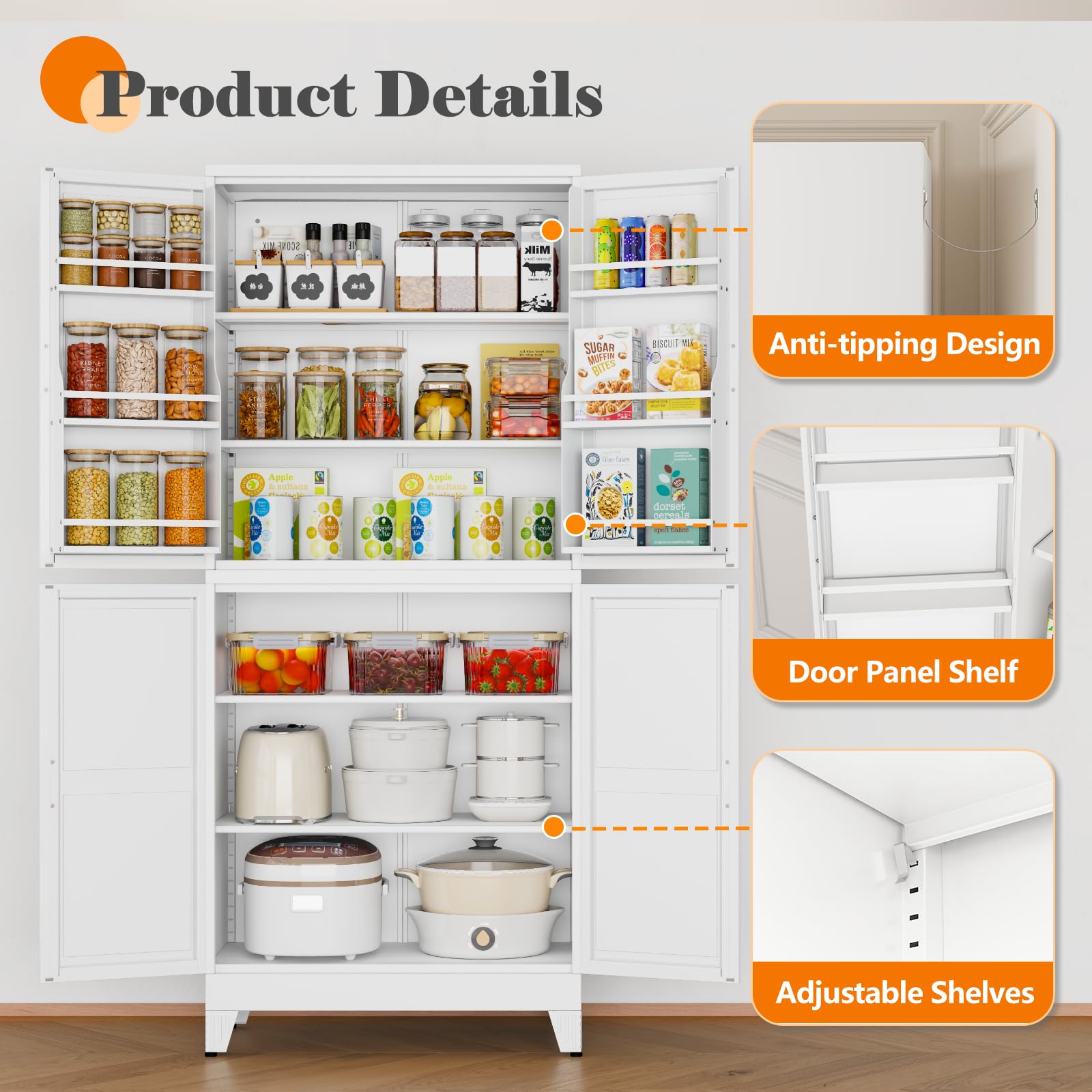 GAIOUS Metal Pantry Cabinet, Kitchen Pantry Storage Cabinets with 2 Door and 3 Adjustable Shelves, White Kitchen Pantry Cabinet, Freestanding Cupboard for Dining Room Living Room Bathroom