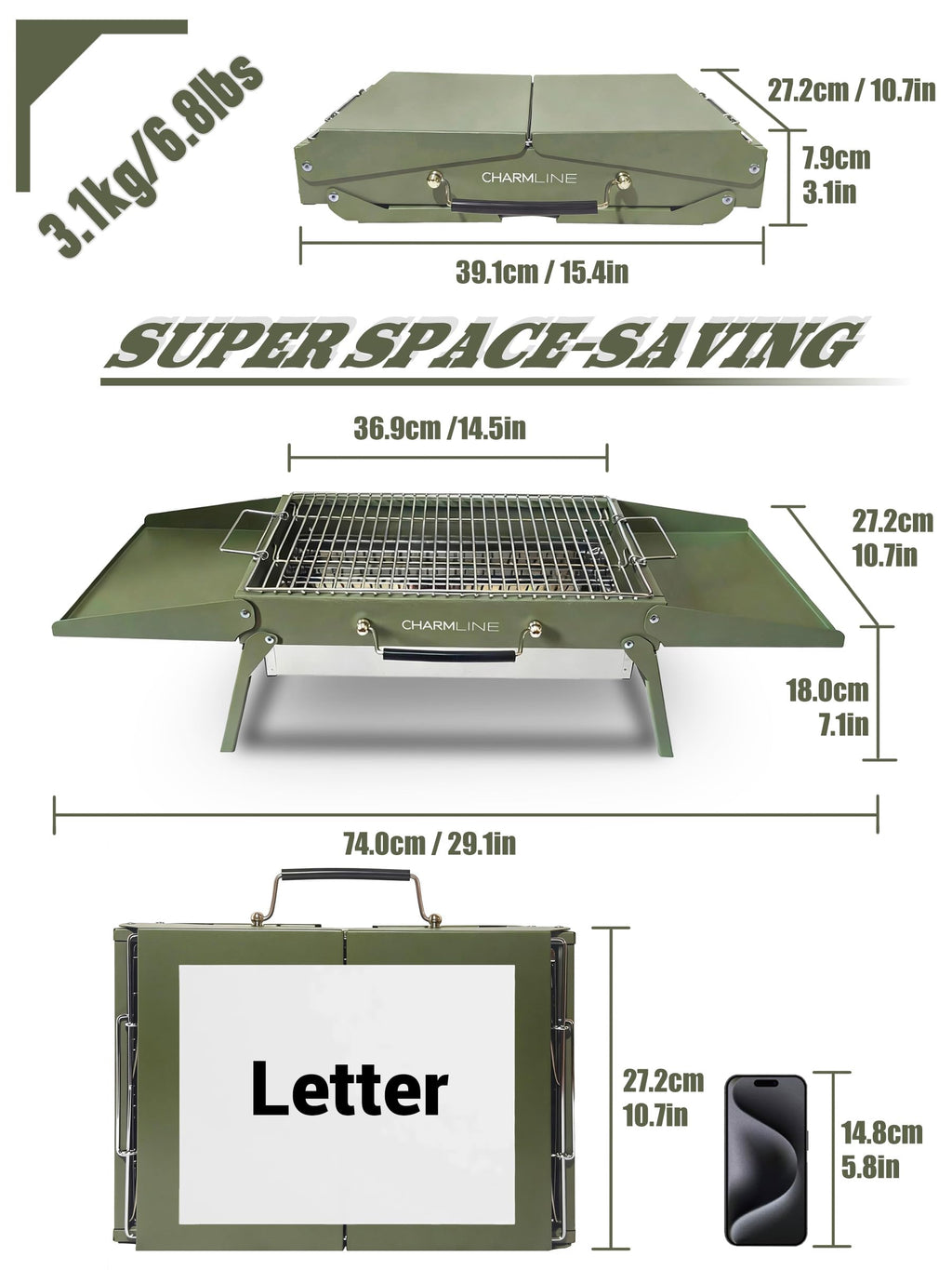 Charmline 14 x 9 inches Portable Charcoal BBQ Grill, Foldable Compact Camping Barbecue for 1–3 People, Ideal for Garden, Beach, Picnic & Tabletop Use, Green