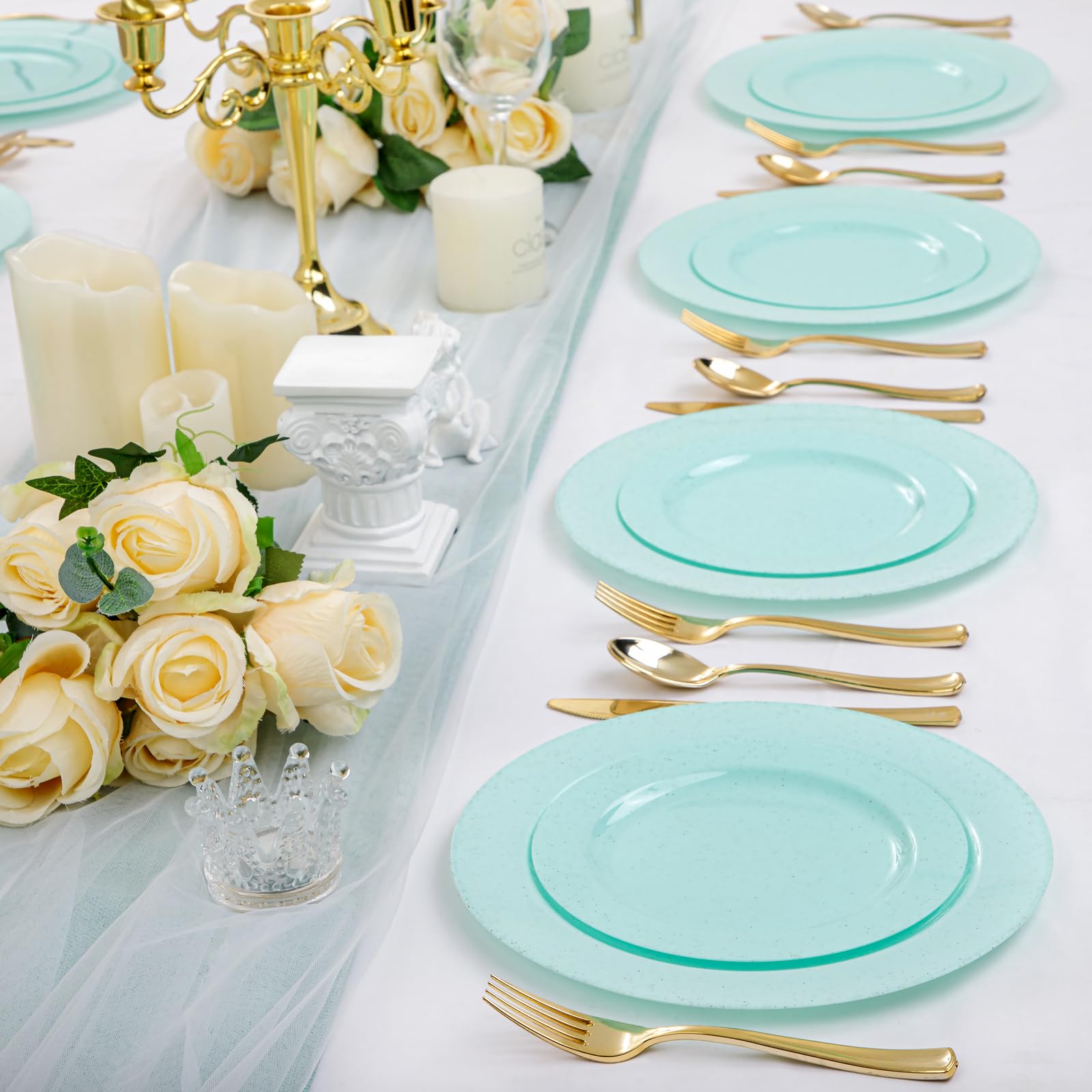 DaYammi 60PCS Blue and White Plastic Plates Blue Rim White Disposable Plates Blue White Party plates Include:30 Plastic Dinner Plate 30 Dessert plate and Wedding & Party Dining