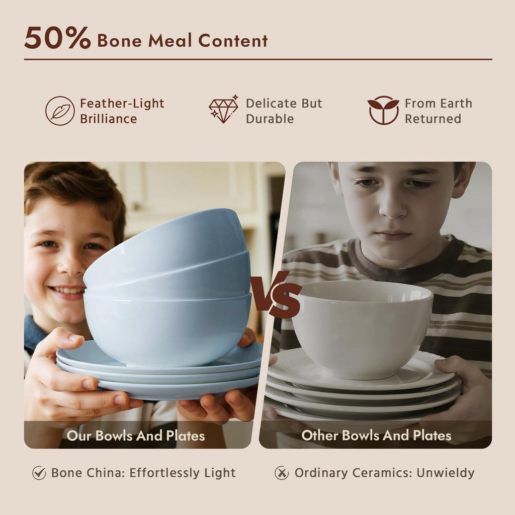KINGSTONE 12-Piece Bone China Dinnerware Set for 4, Lightweight and Durable, Microwave and Dishwasher Safe, White Plates and Bowls for Everyday Use