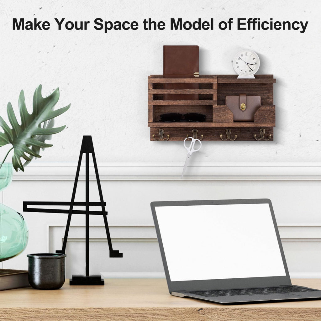 Mail and Key Holder for Wall – Decorative 15.9” x 8.7” x 3.2” Entryway Organizer with Shelf – Paulownia Wood with 4 Dual Hooks Includes Mounting Hardware and Installation Guide