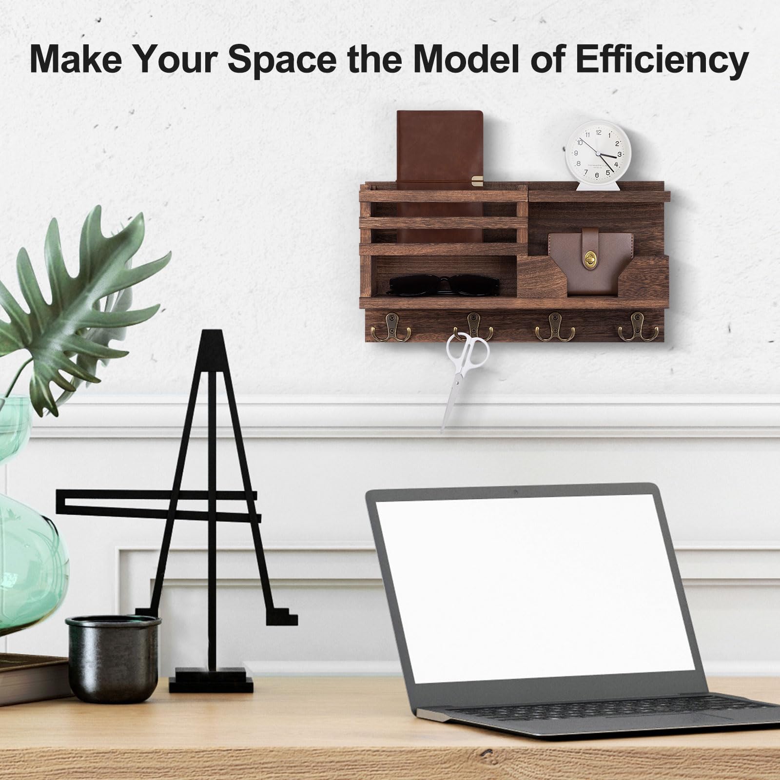 Mail and Key Holder for Wall – Decorative 15.9” x 8.7” x 3.2” Entryway Organizer with Shelf – Paulownia Wood with 4 Dual Hooks Includes Mounting Hardware and Installation Guide