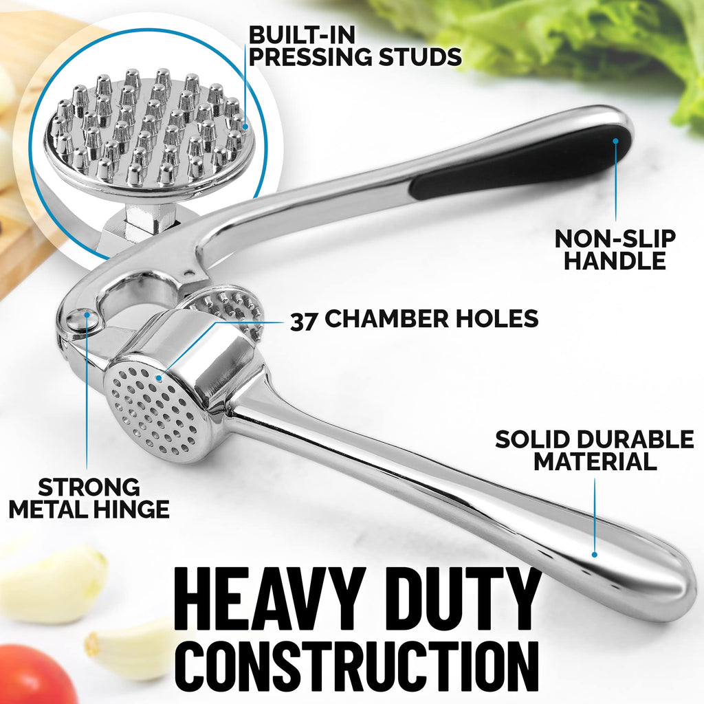 Zulay Kitchen Premium Garlic Press Set - Rust Proof Professional Garlic Mincer Tool - Easy-Squeeze, Easy-Clean with Soft, Ergonomic Handle - Silicone Garlic Peeler & Brush (Silver)