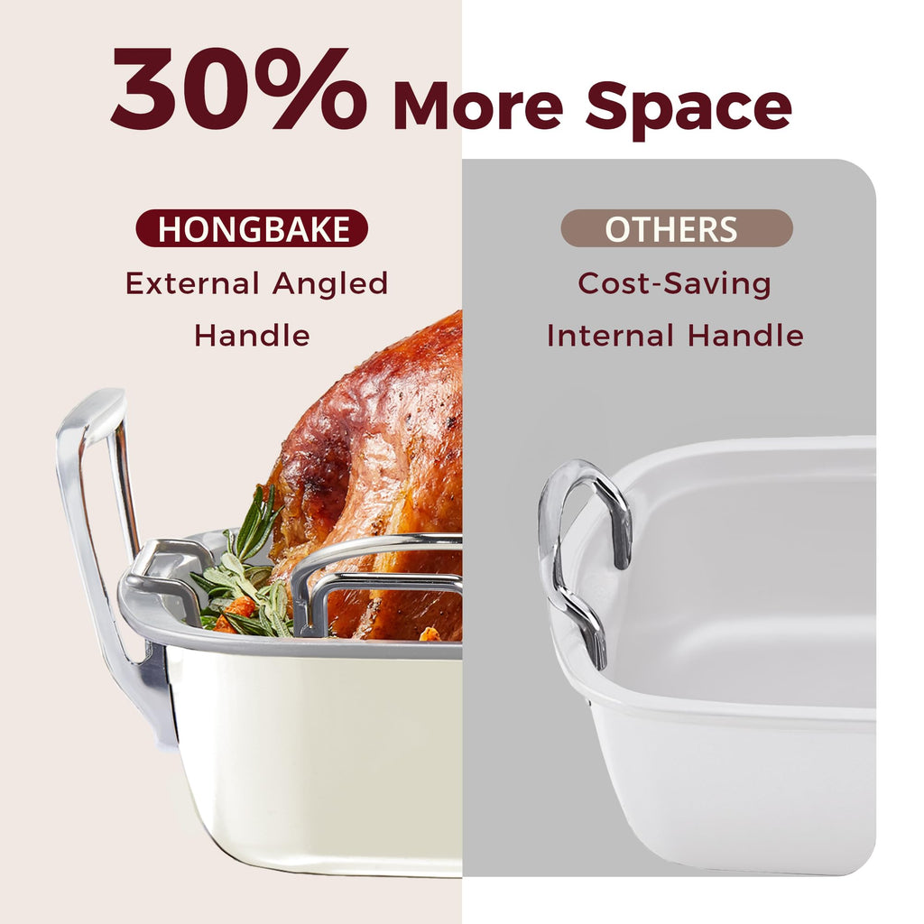 HONGBAKE Ceramic Coated Nonstick Large Turkey Roasting Pan with Rack (U-Shaped), 18.7×13.6 Inch Deep Roaster Pan for 25 lb Turkey & Chicken, Wider Handles, Non Toxic, PFOA & PTFE-Free, Cream & Gray